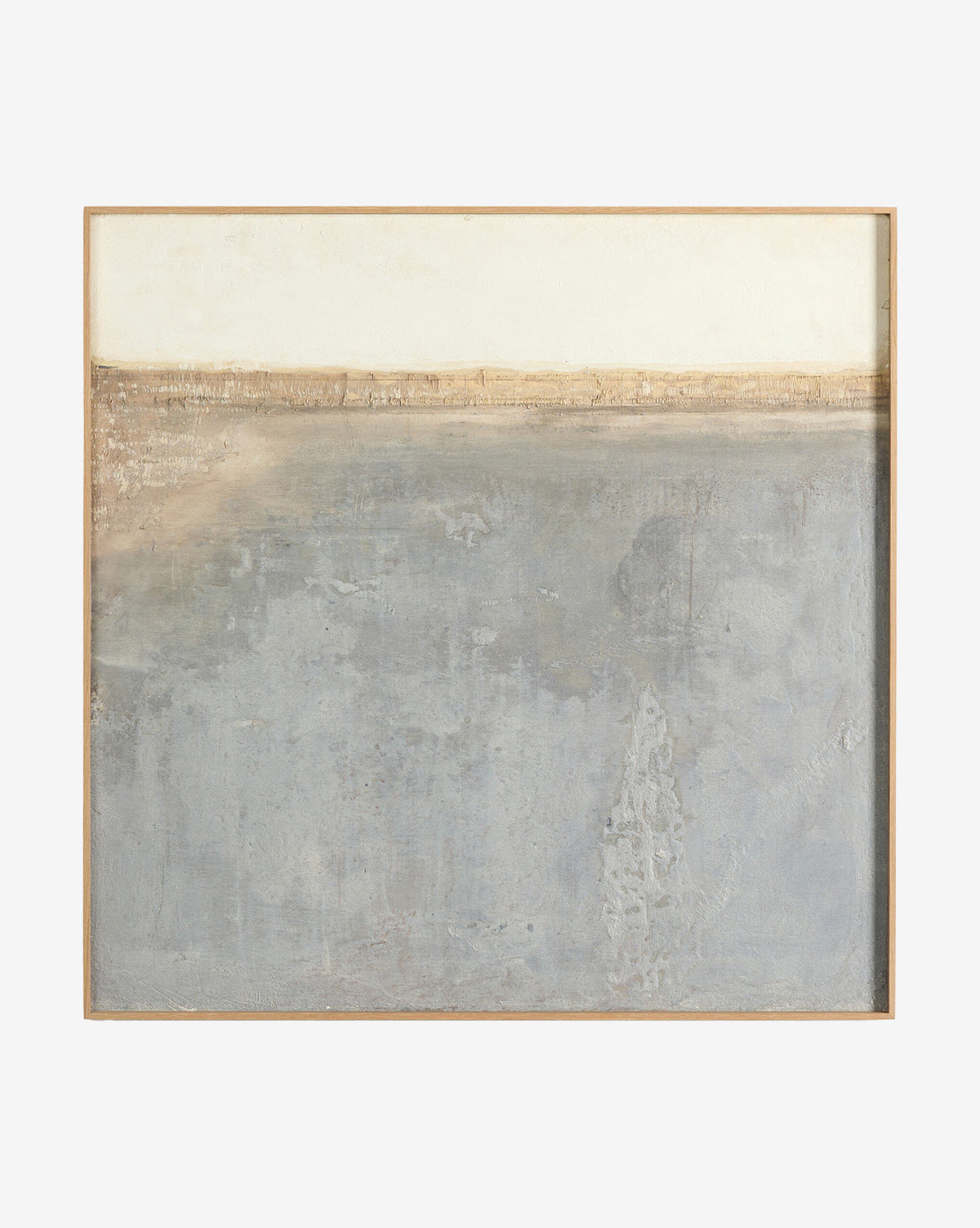 Sea Basin by Paul Meyer is an abstract painting featuring an off-white and beige top third with textured gray and blue tones in the lower two-thirds, reminiscent of a coastal landscape, by McGee & Co.