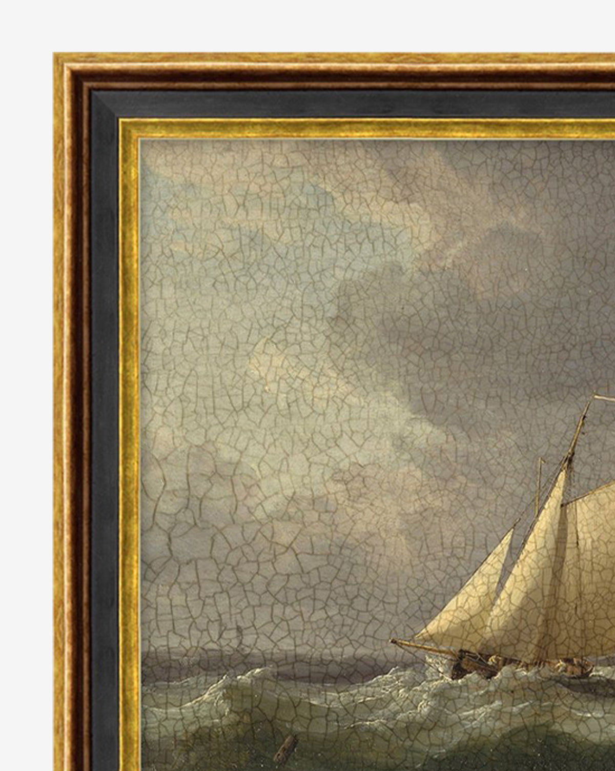 A close-up of the Seafarer framed painting shows cracked varnish and the right edge of a sailboat on choppy waves beneath a cloudy sky, capturing moody maritime spirit with only part of the boat and frame in view.