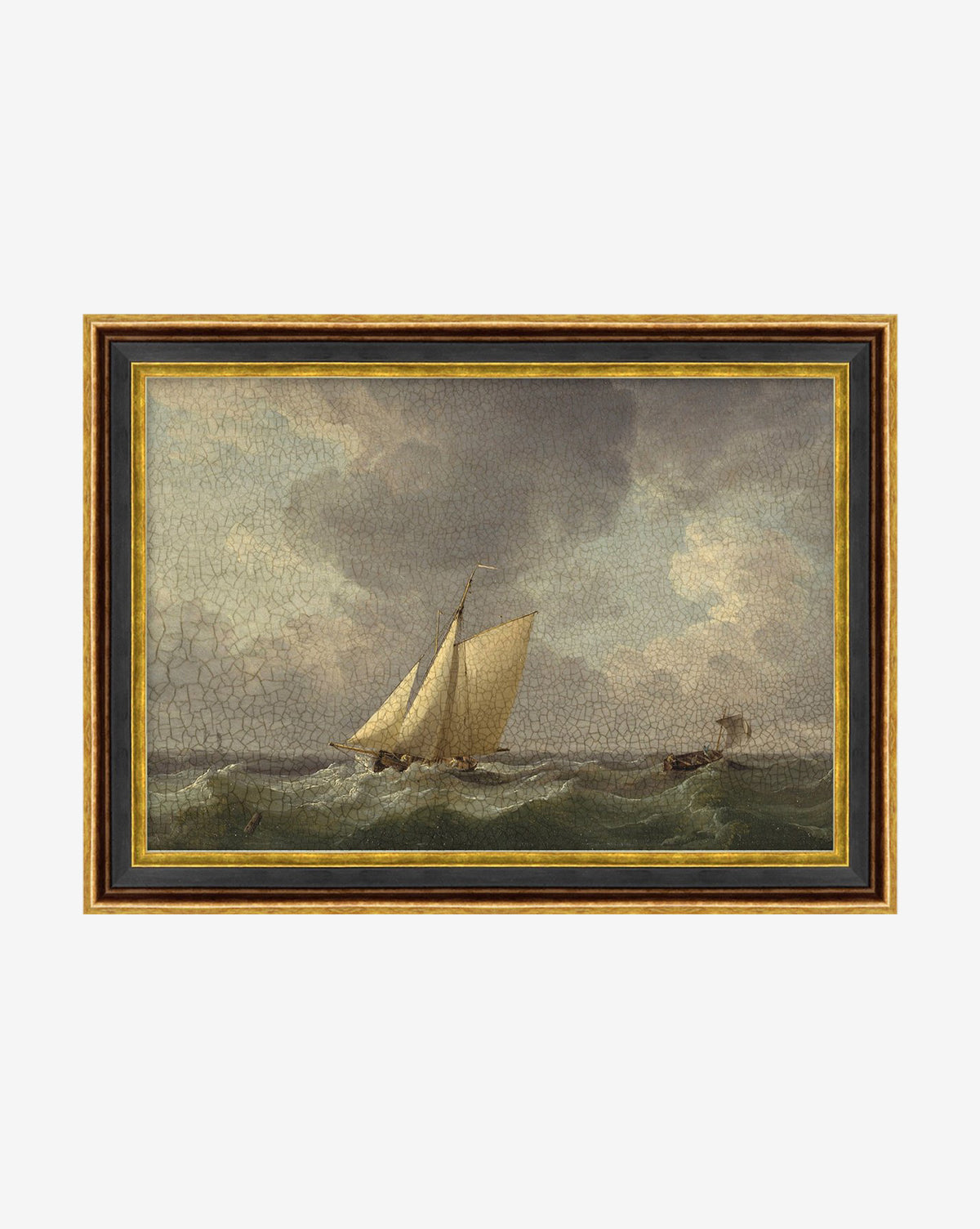 The Seafarer is a framed painting featuring sailboats on turbulent seas beneath a cloudy sky, with a central vessel and a smaller boat to the right—ideal for adding old-world decor charm to any room.