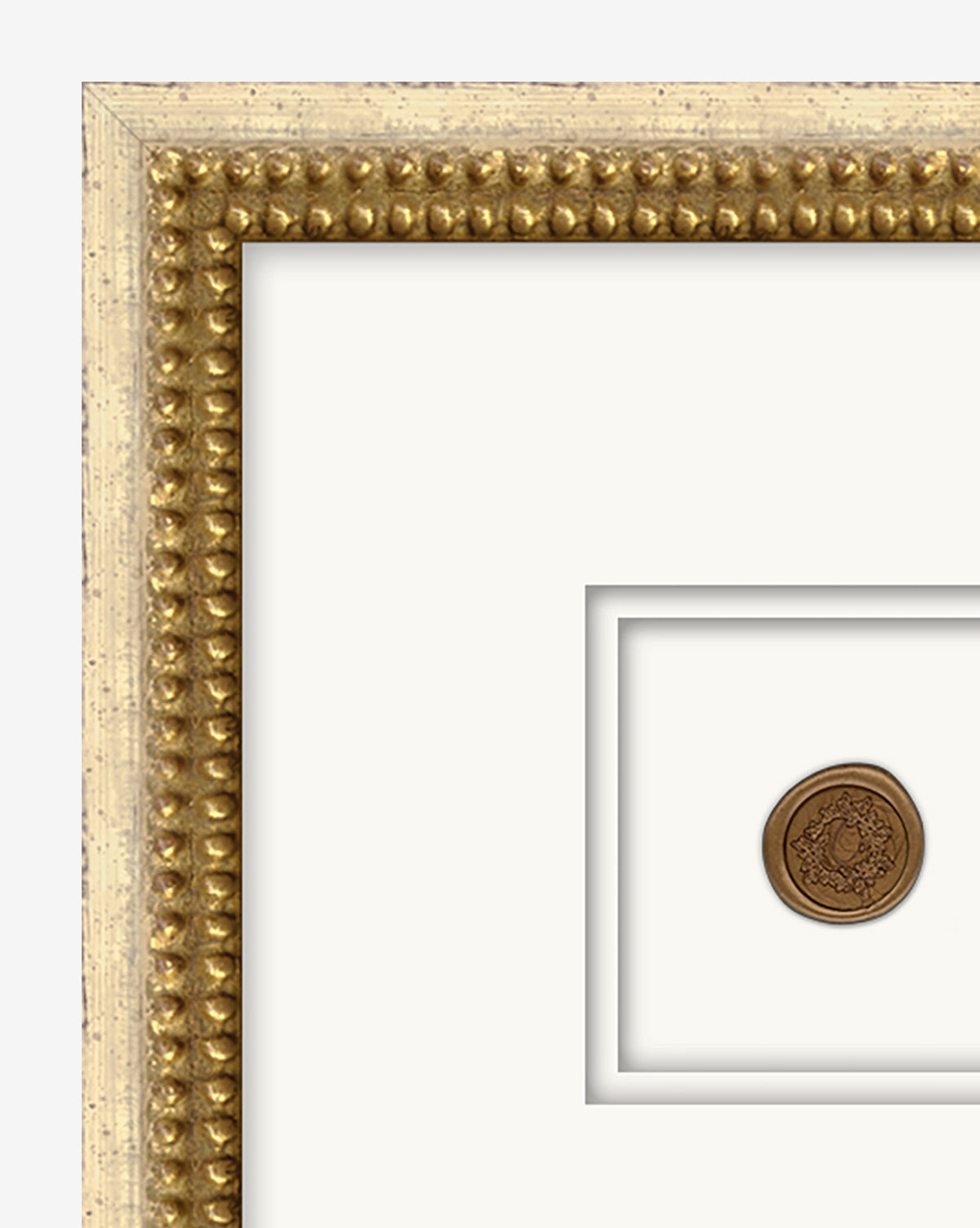 Sealed features a small round coin with intricate detail, displayed in a gold beaded vintage-inspired frame on a white background with a double mat.