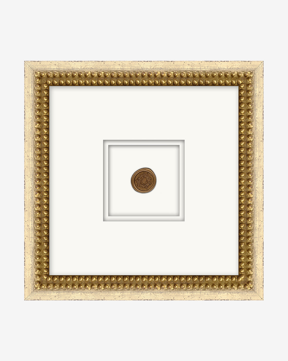 A single Sealed coin is displayed at the center of a white mat, surrounded by a distressed white frame with vintage details, set against a plain white background.