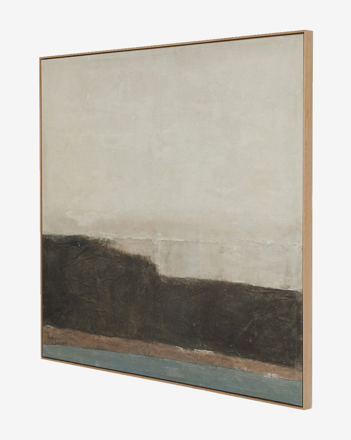 Sediment by Paul Meyer is a minimalist abstract landscape featuring a textured cream upper half, dark brown horizontal band, and muted teal strip on gallery-quality canvas with a simple white oak frame, by McGee & Co.