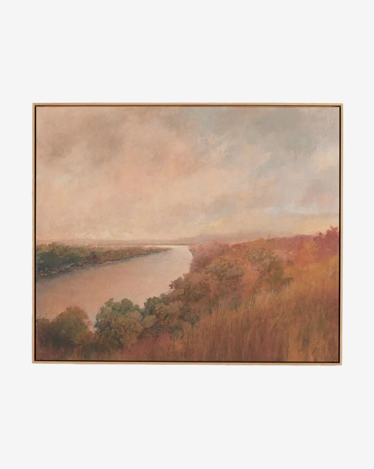 Seeing in Color by Aileen Fitzgerald features a serene landscape with a winding river, earthy trees and grasses, and soft lighting beneath a cloudy sky. Detailed brushwork adds calmness, all set in an elegant white oak frame, by McGee & Co.