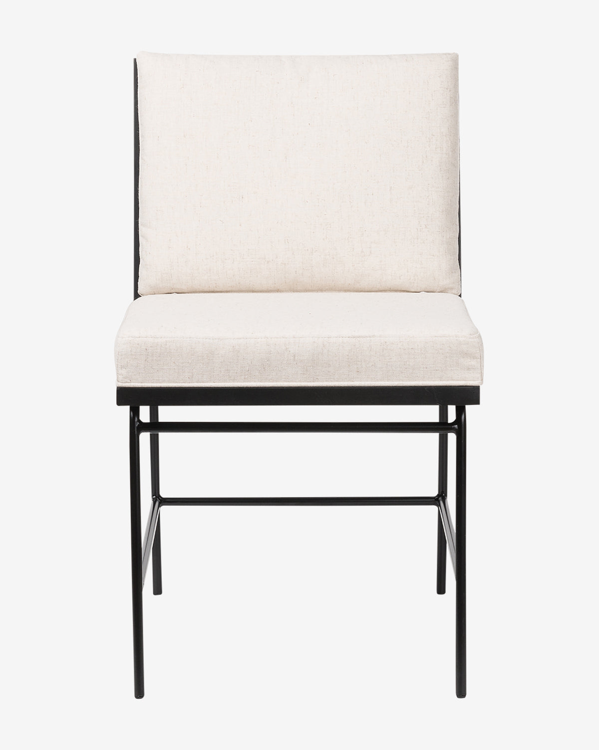 The Selas Dining Chair has a black iron frame and off-white high-performance fabric seat and backrest, shown from the front on a plain white background, by McGee & Co.