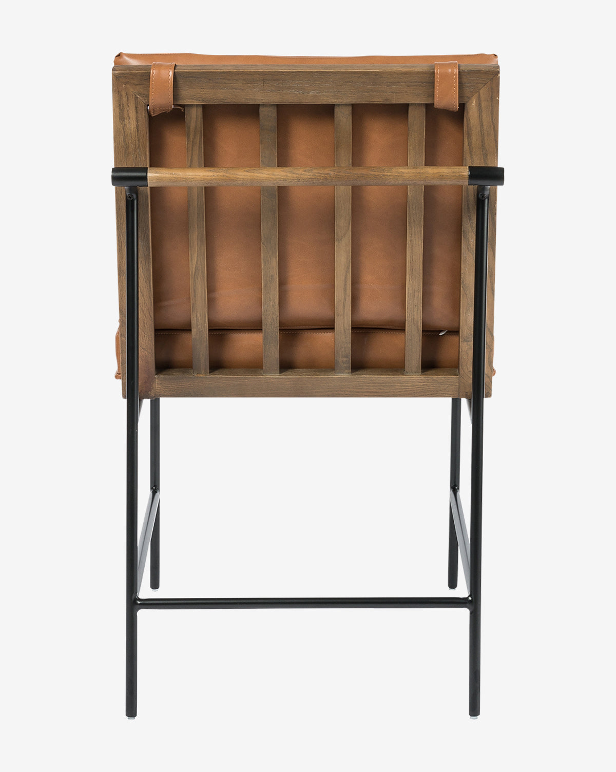 The Selas Dining Chair features a wooden frame, brown leather upholstery, thin black iron legs, and vertical slats on the backrest for a modern look, by McGee & Co.