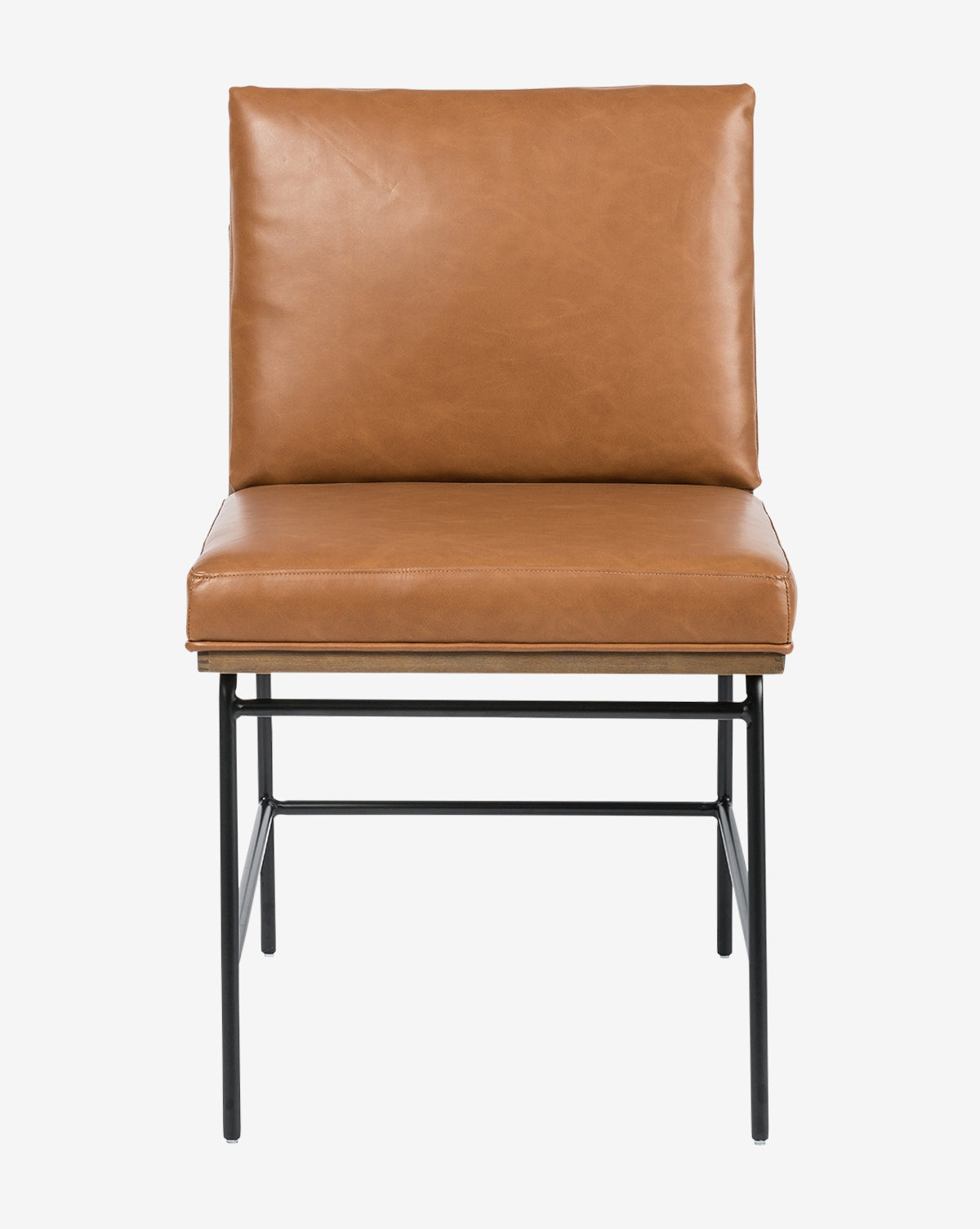 The Selas Dining Chair has a tan leather cushioned seat and backrest with a minimalist black iron frame, displayed against a plain white background by McGee & Co.