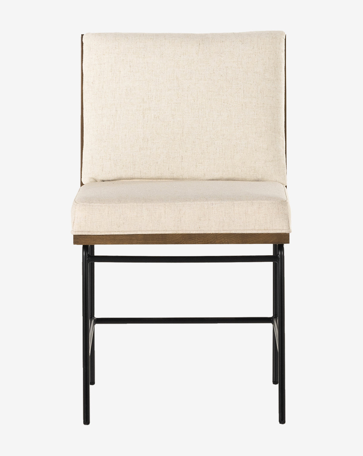 Front view of the Selas Dining Chair featuring a beige high-performance fabric seat and backrest, wooden trim, and black-finished iron legs, presented against a plain white background by McGee & Co.