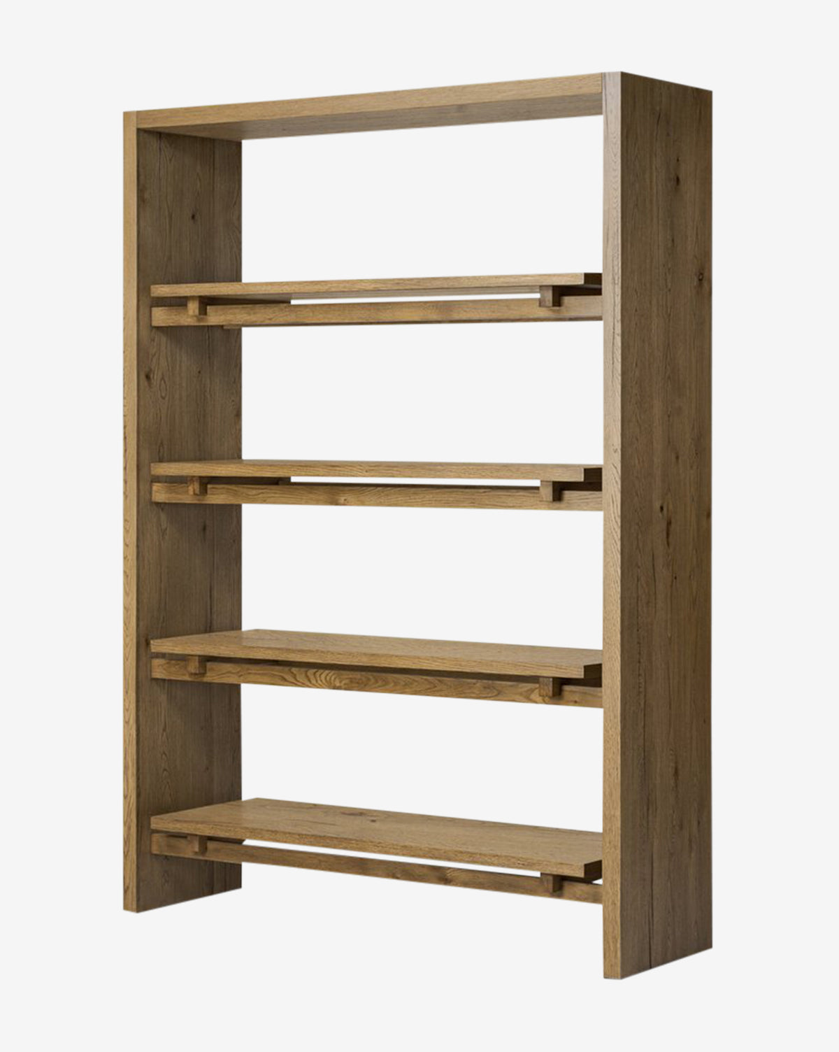 The Selene Bookcase is a modern oak bookshelf with four wide, evenly spaced shelves. Its simple, organic design and natural finish highlight the beautiful wood grain against a crisp white background, by McGee & Co.