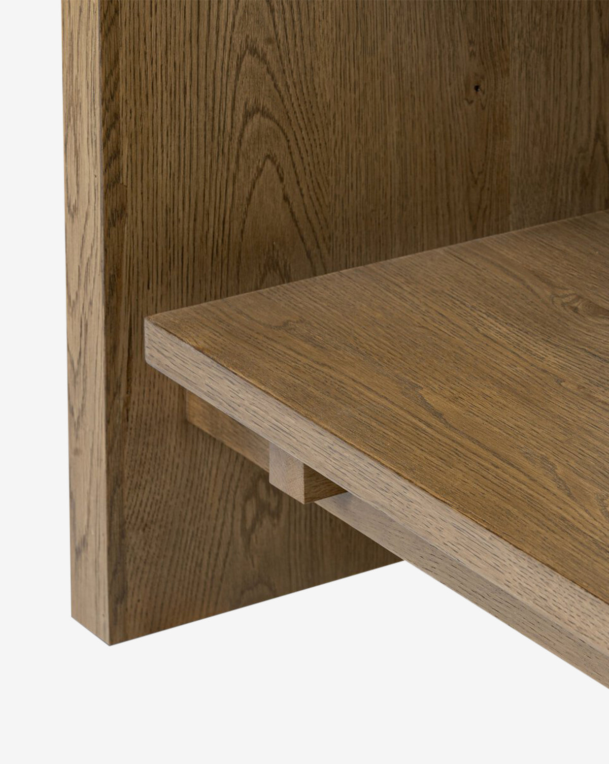 Close-up of a corner of the Selene Bookcase, highlighting the texture, wood grain, and detailed joinery that showcase its modern organic design, by McGee & Co.