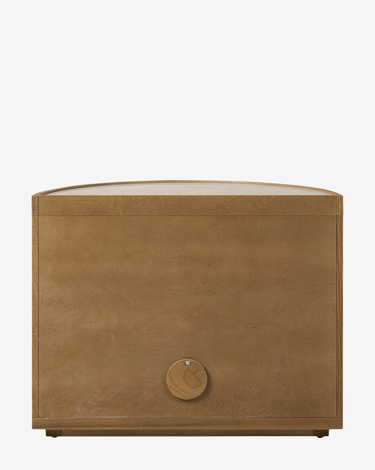 A wooden Selma Nightstand features a smooth finish, flat top, and a circular disc detail at the bottom center of the front panel, by McGee & Co. It is set against a plain white background.