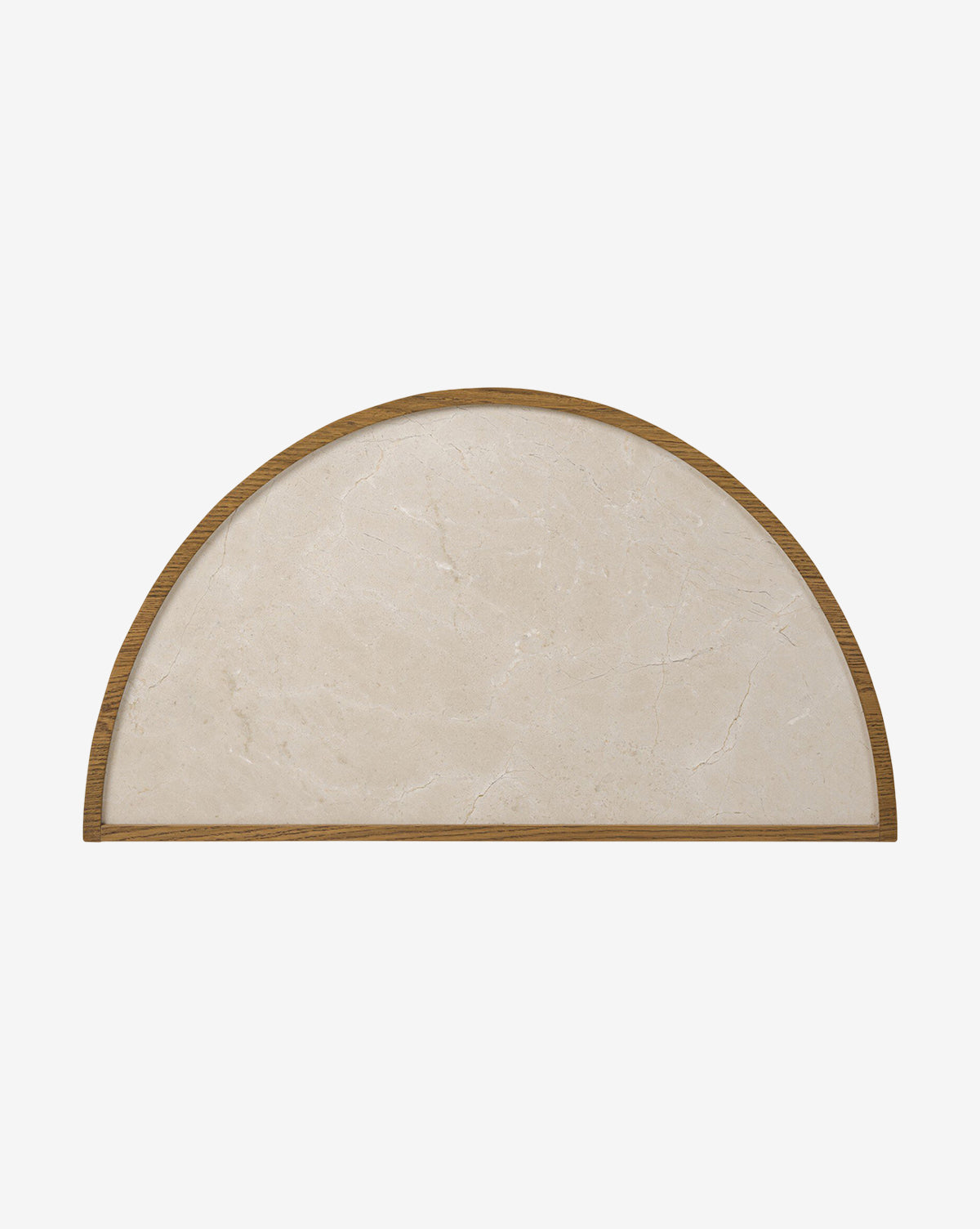 A sleek beige marble semicircular slab with a smooth finish, bordered by a thin wood frame evoking the Selma Nightstand, is displayed against a plain white background by McGee & Co.