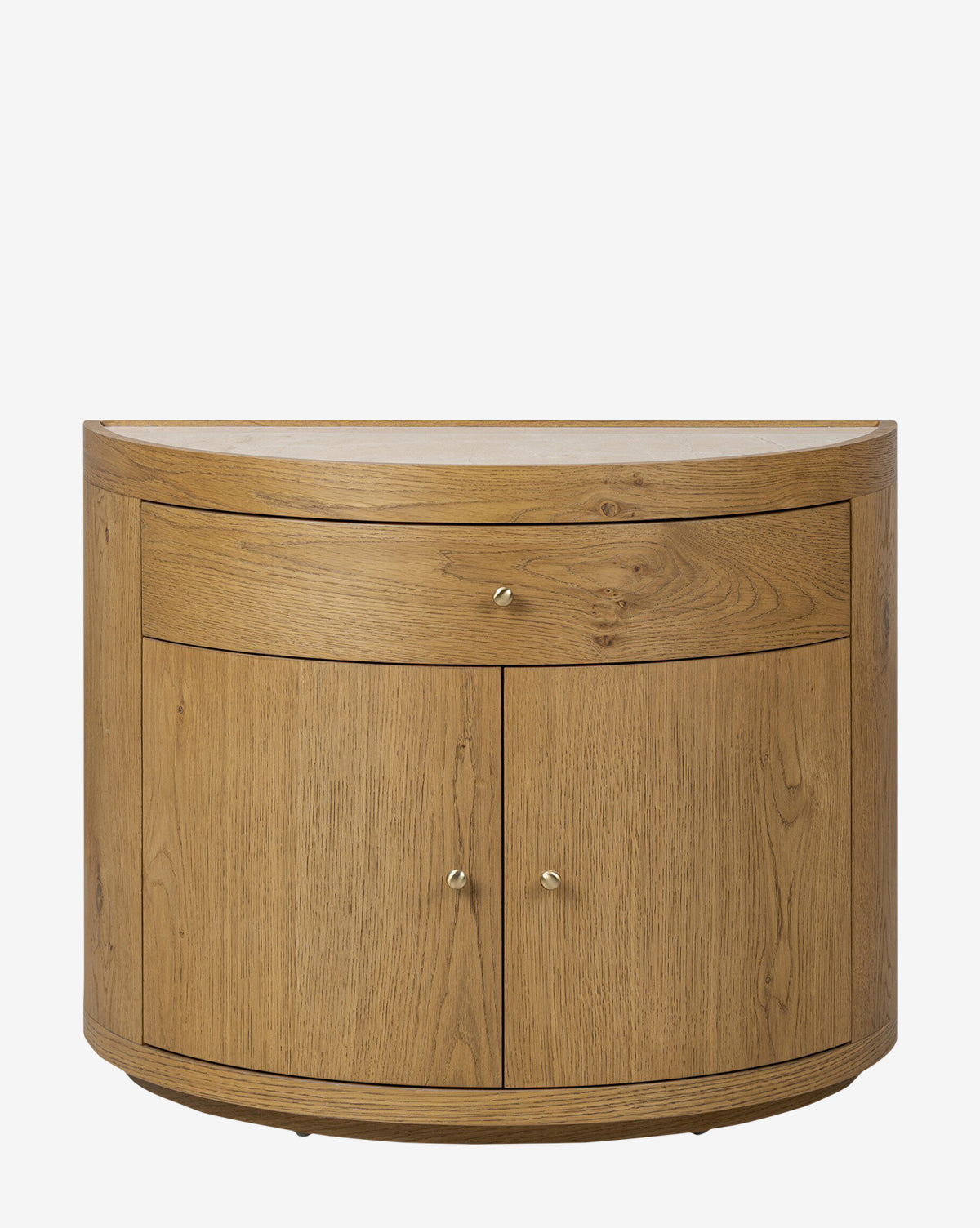The Selma Nightstand is a modern, semi-circular oak veneer piece with a natural finish and visible wood grain, featuring one drawer and two doors with round metal knobs—perfect for any room, by McGee & Co.