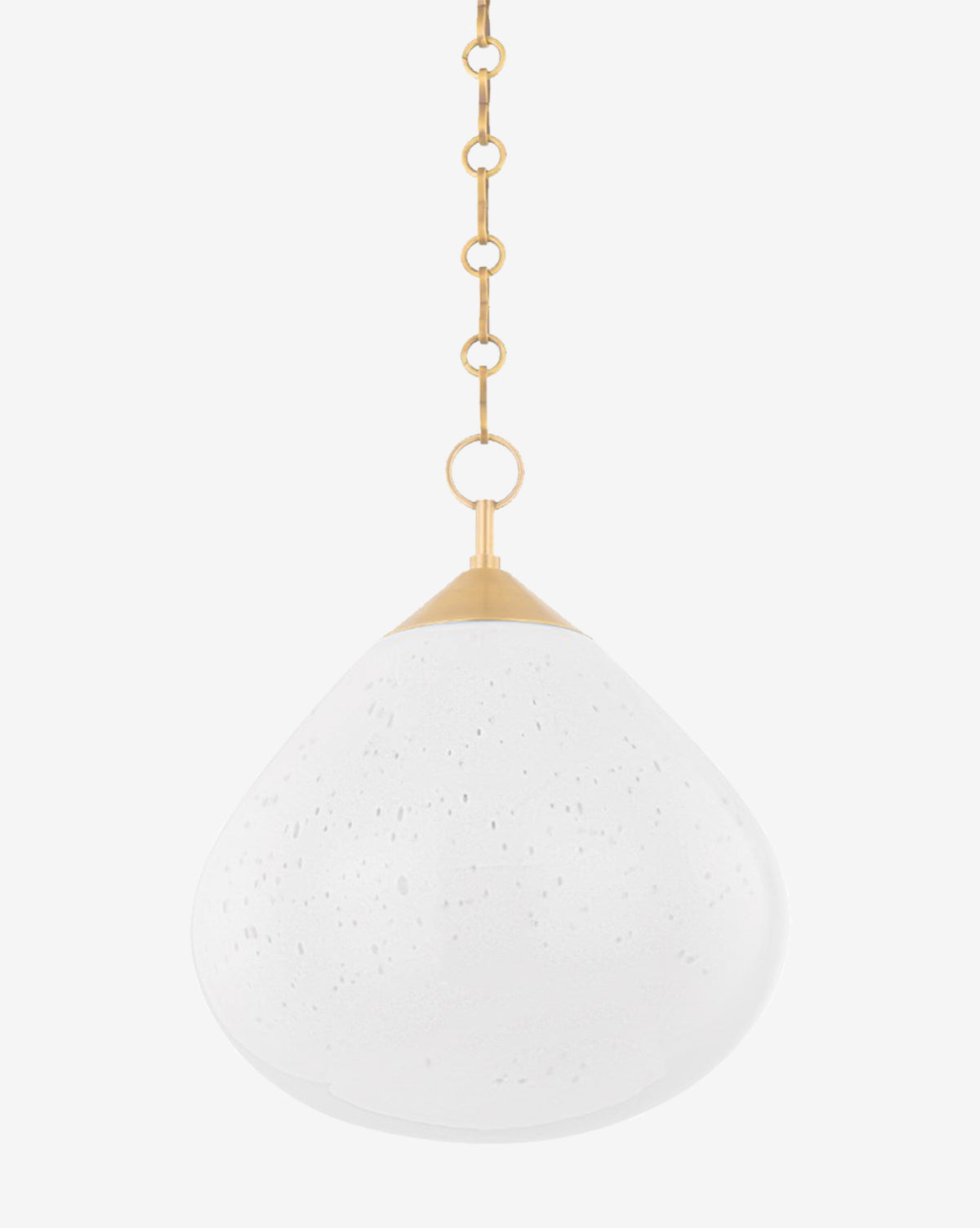 The Semilla Pendant features a clear teardrop bullicante glass shade with tiny bubbles, hanging from a vintage brass chain and gold fixture, set against a plain white background, by McGee & Co.