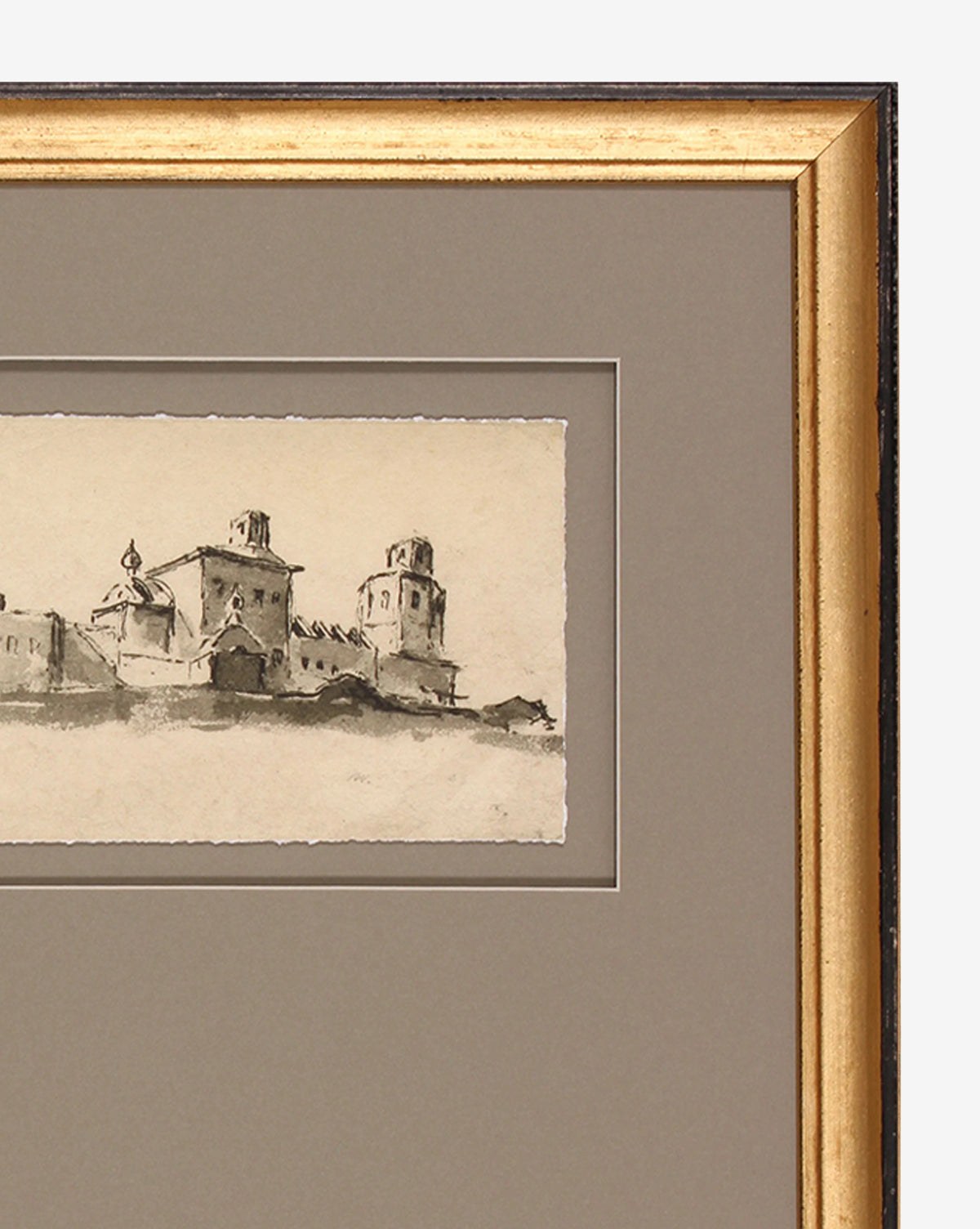 A gallery-quality artwork, Sepia City is a framed monochrome sketch of a romantic town with towers and domes, set on beige matting in a gold and brown frame. Only the right portion of this piece is visible.