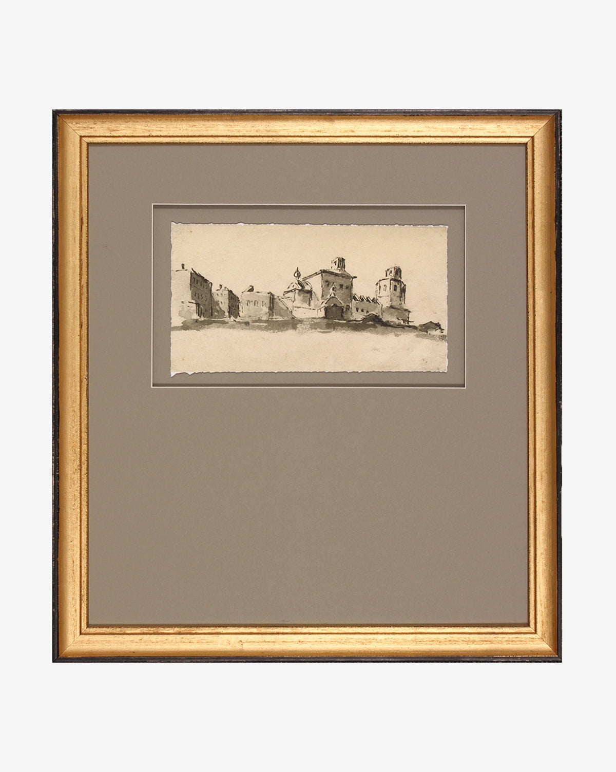 A gallery-quality artwork: Sepia City, a framed black-and-white sketch of historic domed buildings, evokes a romantic town scene, set in a neutral gray mat with a gold-colored frame.