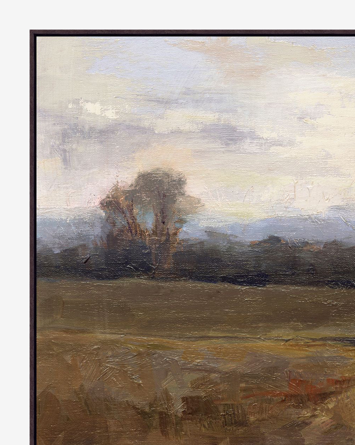 Serene Valley is a landscape canvas featuring muted brown fields, a hazy tree line in the distance, and a soft pastel sky. One tree stands out on the tranquil valley horizon.