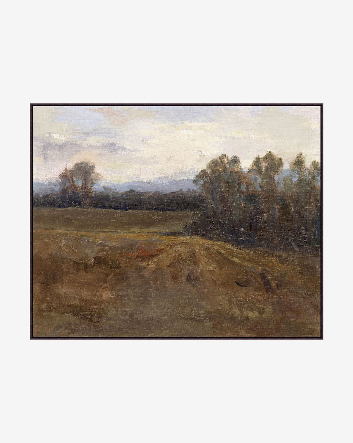 Serene Valley is a landscape canvas showing a muted, earthy field with sparse grass, distant trees to the right, and a cloudy sky, evoking the tranquility of the countryside.