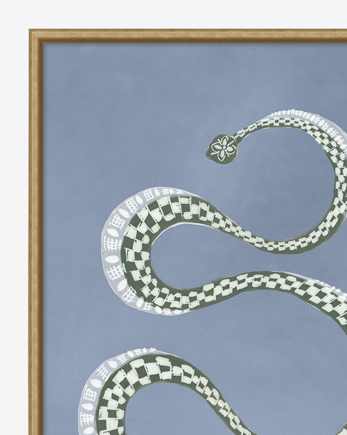Serpent I: Gold-framed wall art featuring a green and white checkered serpent with decorative patterns on a muted blue background. Only part of the snakes coiled body and head are visible—ideal for kids’ room decor.