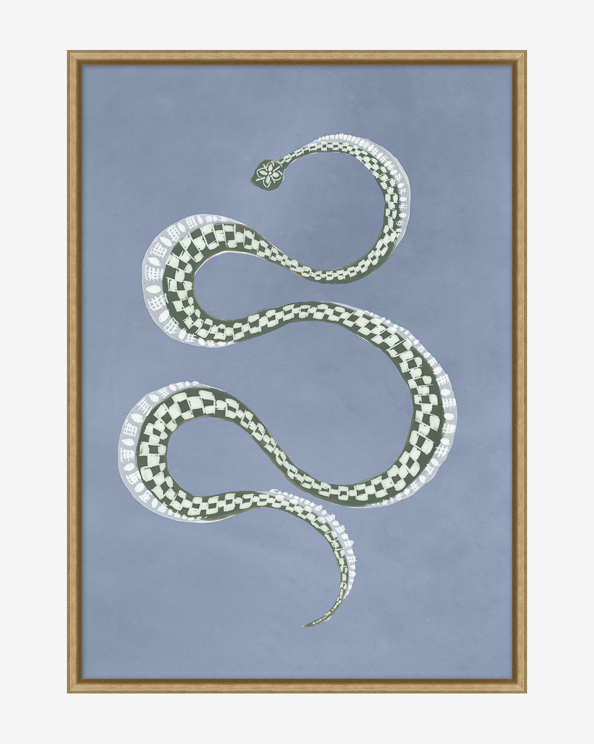 Serpent I is a gold-framed artwork of a playful snake with a black, white, and green checkered pattern on a muted blue background. Coiled in an S-shape, this wall art adds charming style to children’s room decor.