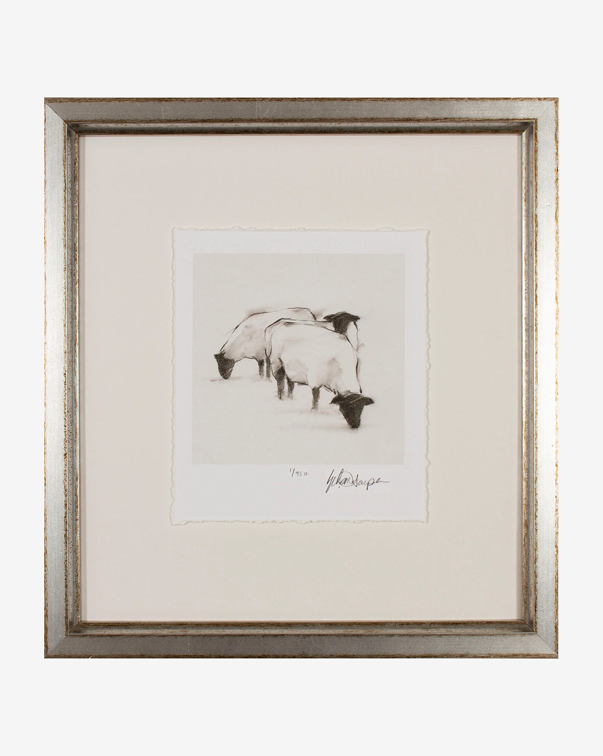 Sheep II is a framed wall art piece with a black-and-white sketch of three sheep—two facing away and one forward. Matted and artist-signed, this charming artwork is perfect for childrens room decor.