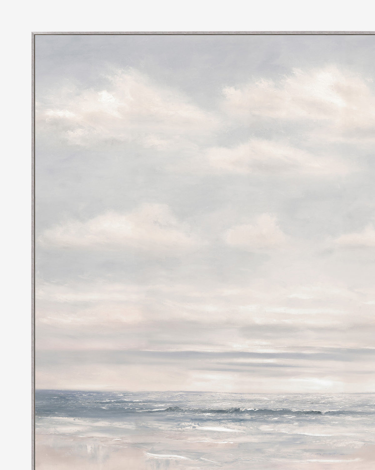 Shoreline is an artist-enhanced print featuring gentle waves on a sandy beach beneath a pastel sky in soft blues, grays, and whites—perfect large wall art for both modern and traditional decor.