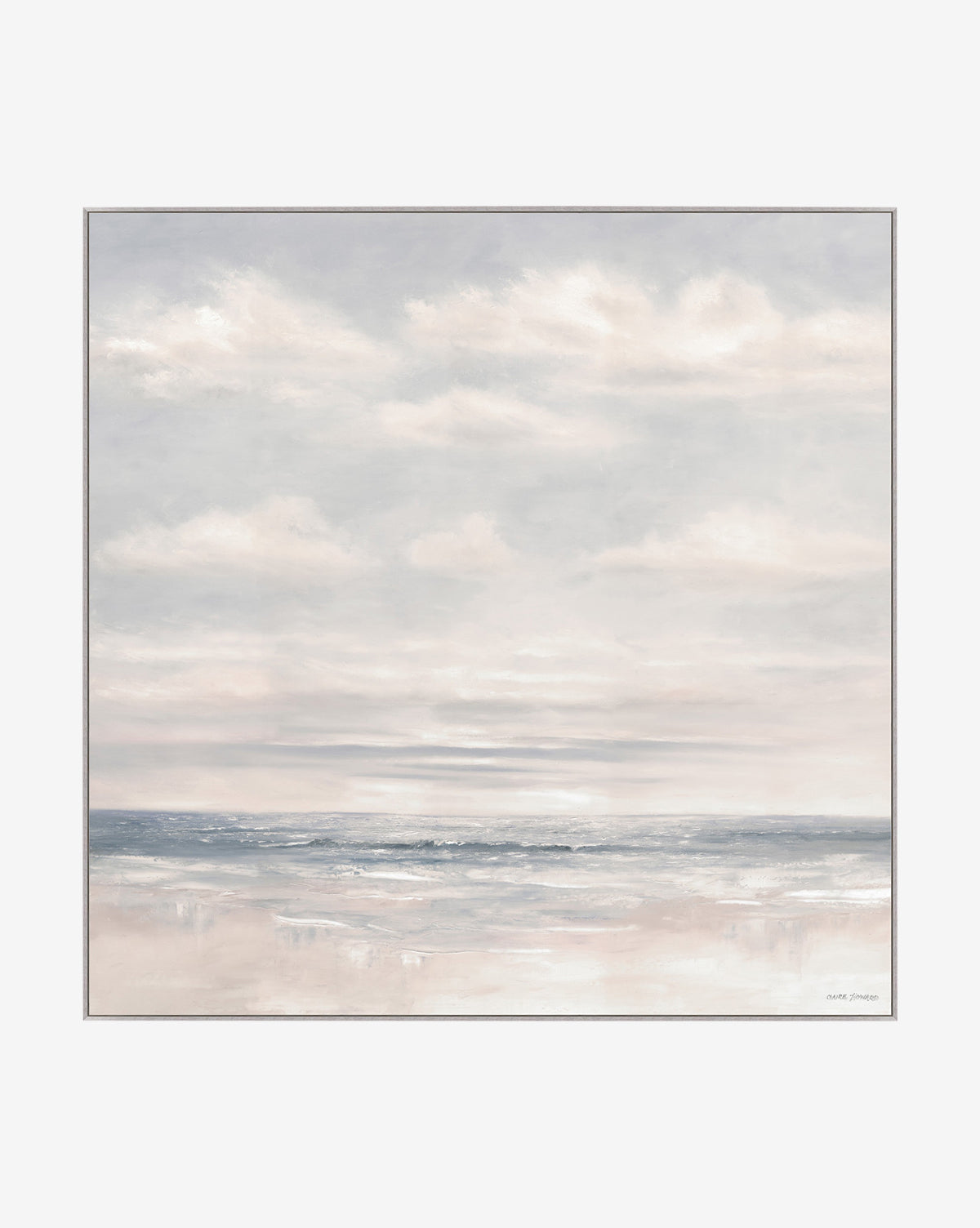 Shoreline is an artist-enhanced print featuring a calm seascape with soft waves, a pale horizon, and gentle clouds—blending modern and traditional design for a peaceful, tranquil mood.