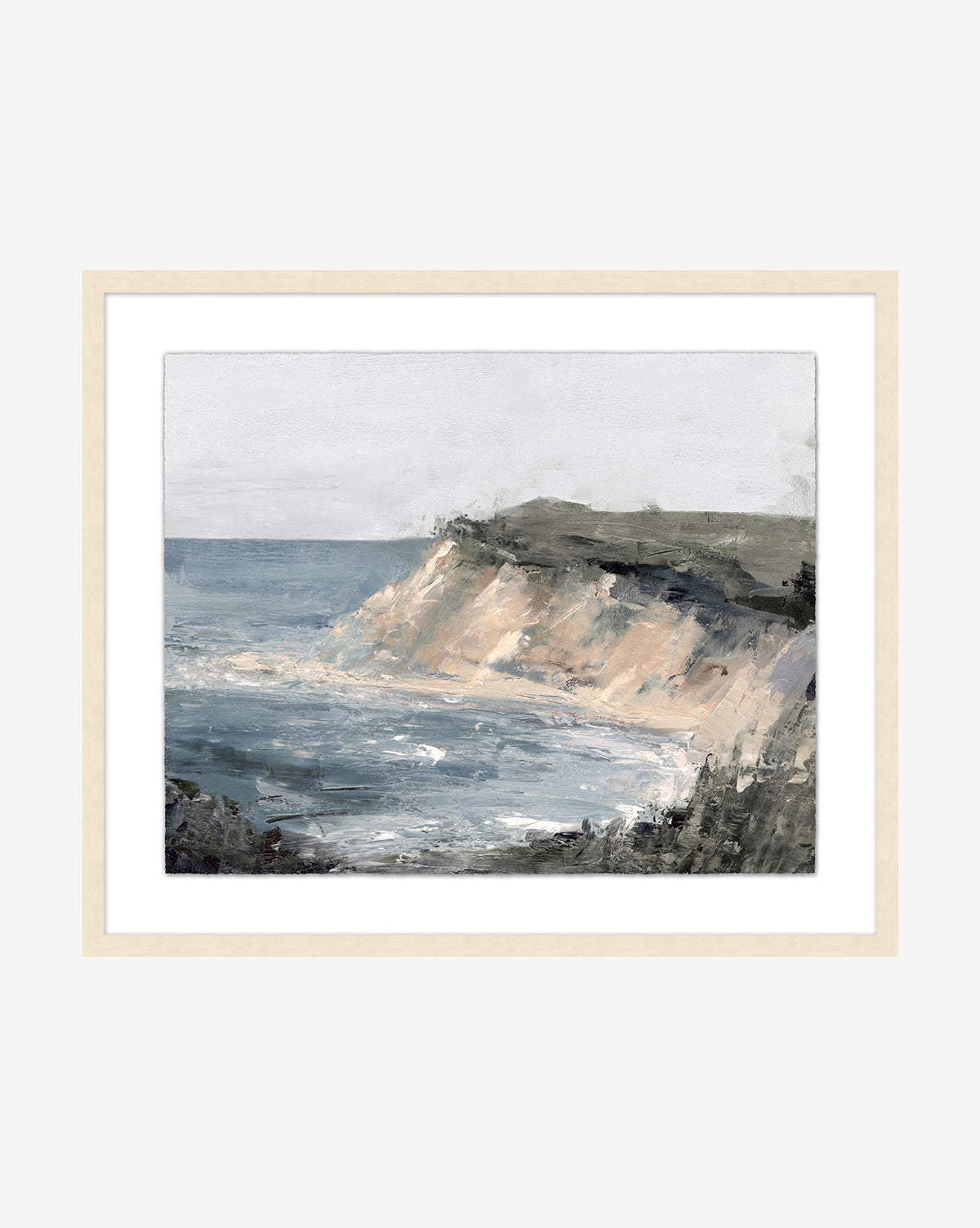 Shoreside is a framed painting featuring a coastal landscape with cliffs by the ocean under a cloudy sky. Its textured brushstrokes and cool tones create serene, impressionistic wall art.