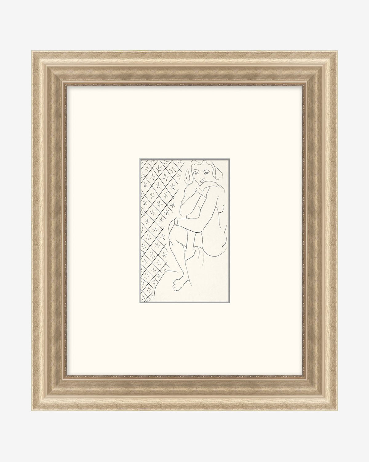 Simple Sketched Woman: a minimalist line drawing of a seated woman with crossed legs, chin in hand, set against a patterned background. This wall art features a centered beige mat and light wood traditional frame.