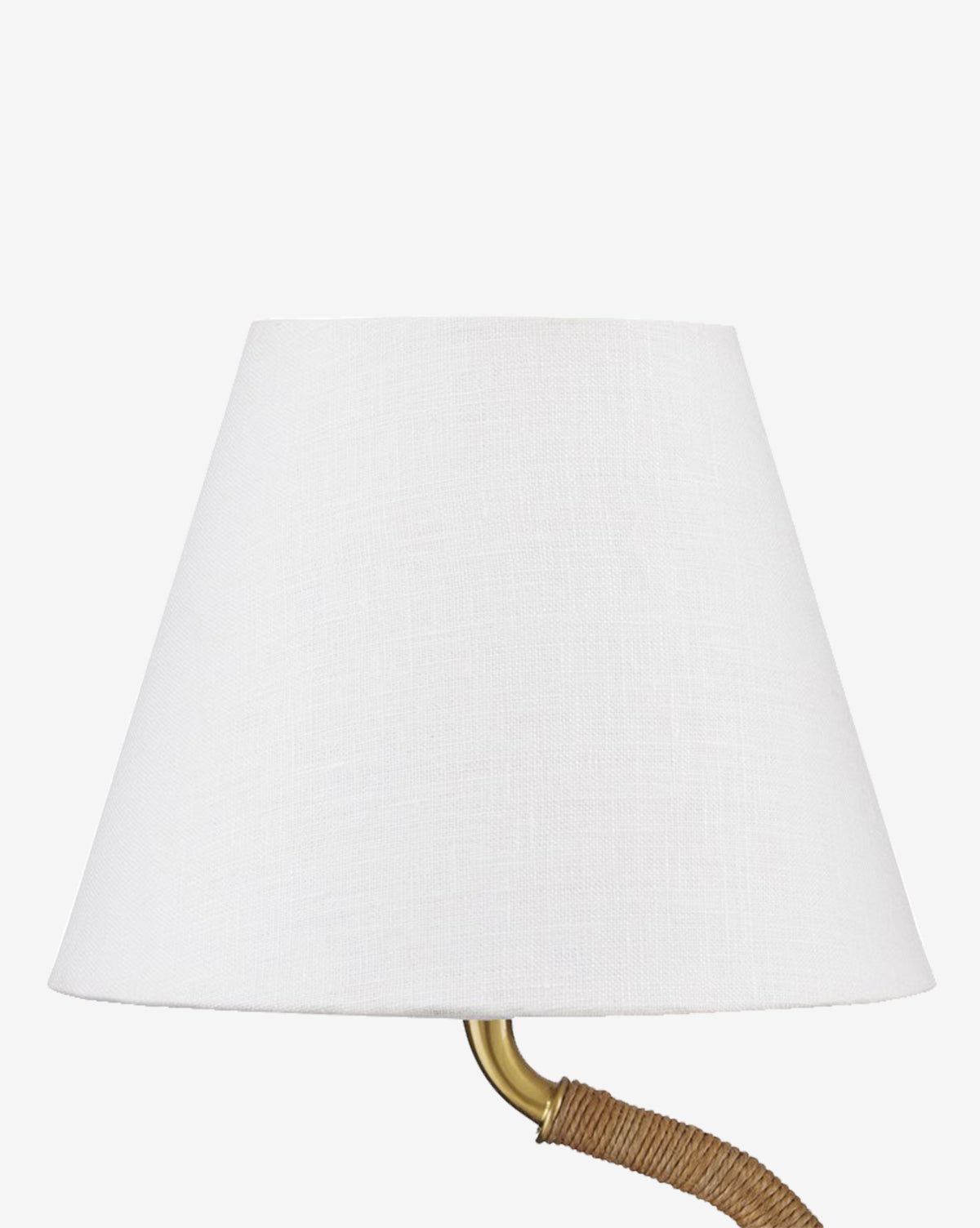 The Sirocco Desk Lamp features a white, cone-shaped textured fabric shade atop an antique brass and natural rope-wrapped stem, shown against a plain white background by McGee & Co.