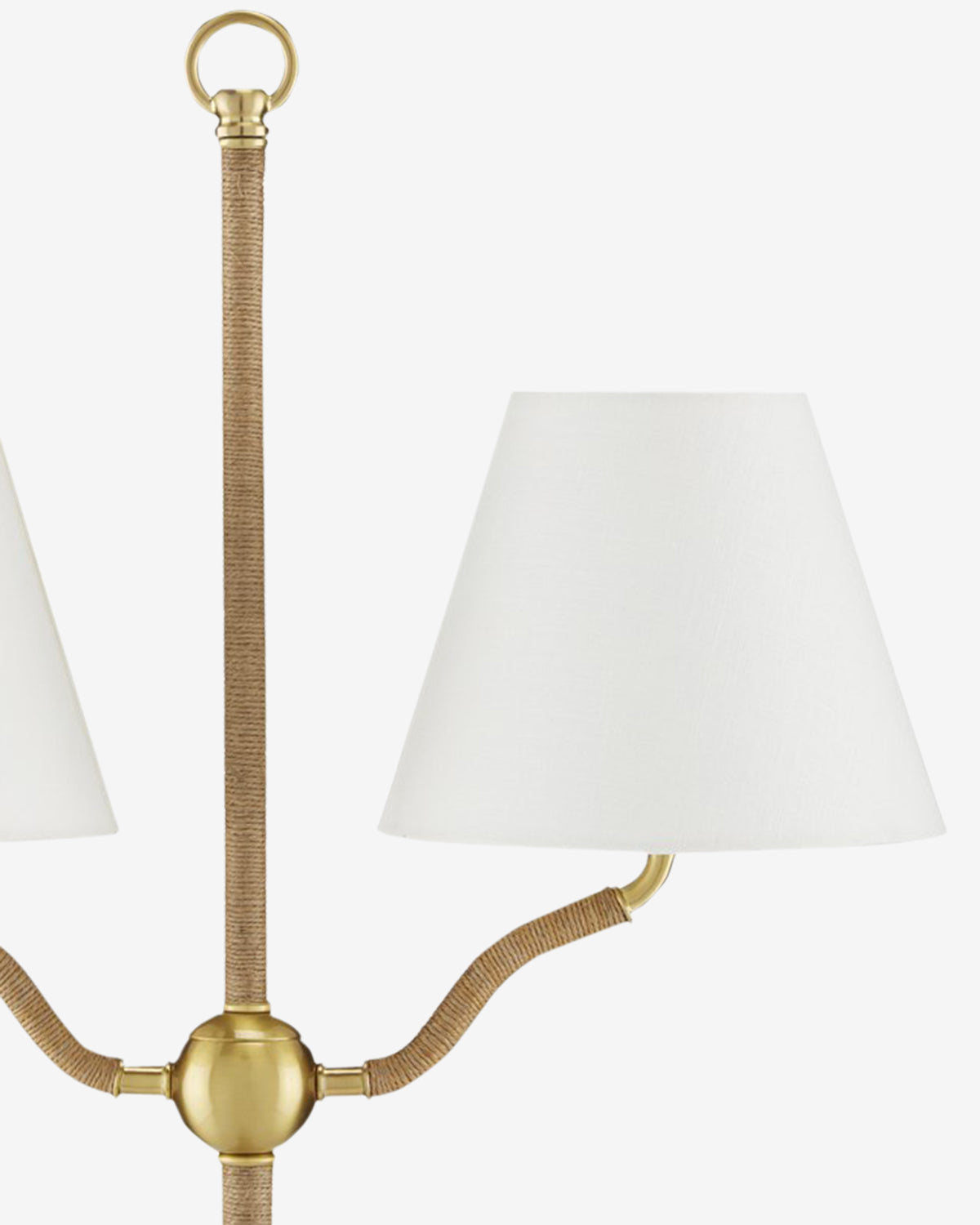 The Sirocco Floor Lamp features a brass finish with two jute-wrapped arms, each holding a white tapered lampshade; only one arm and its lampshade are fully shown against a plain white background, by McGee & Co.