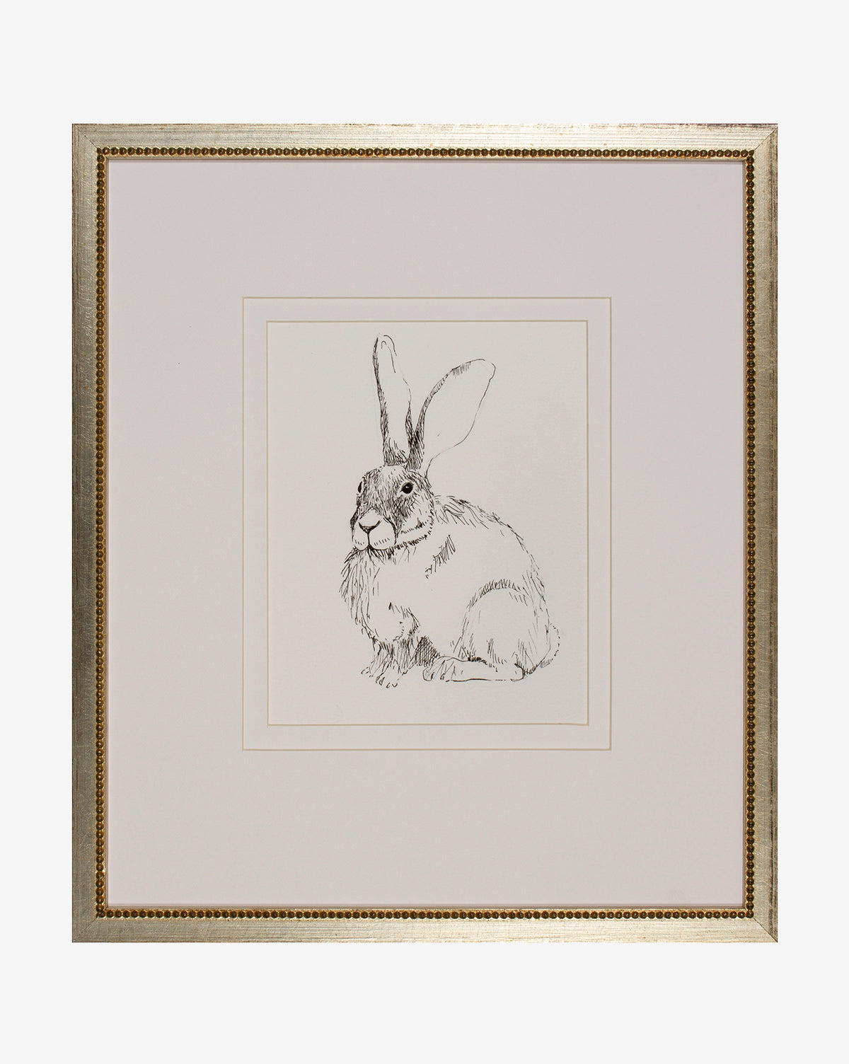 Sketched Bunny II is a black and white rabbit sketch giclee print, featuring detailed fur and large ears, presented in a gold-edged frame with white mat—an ideal accent for kids’ rooms.