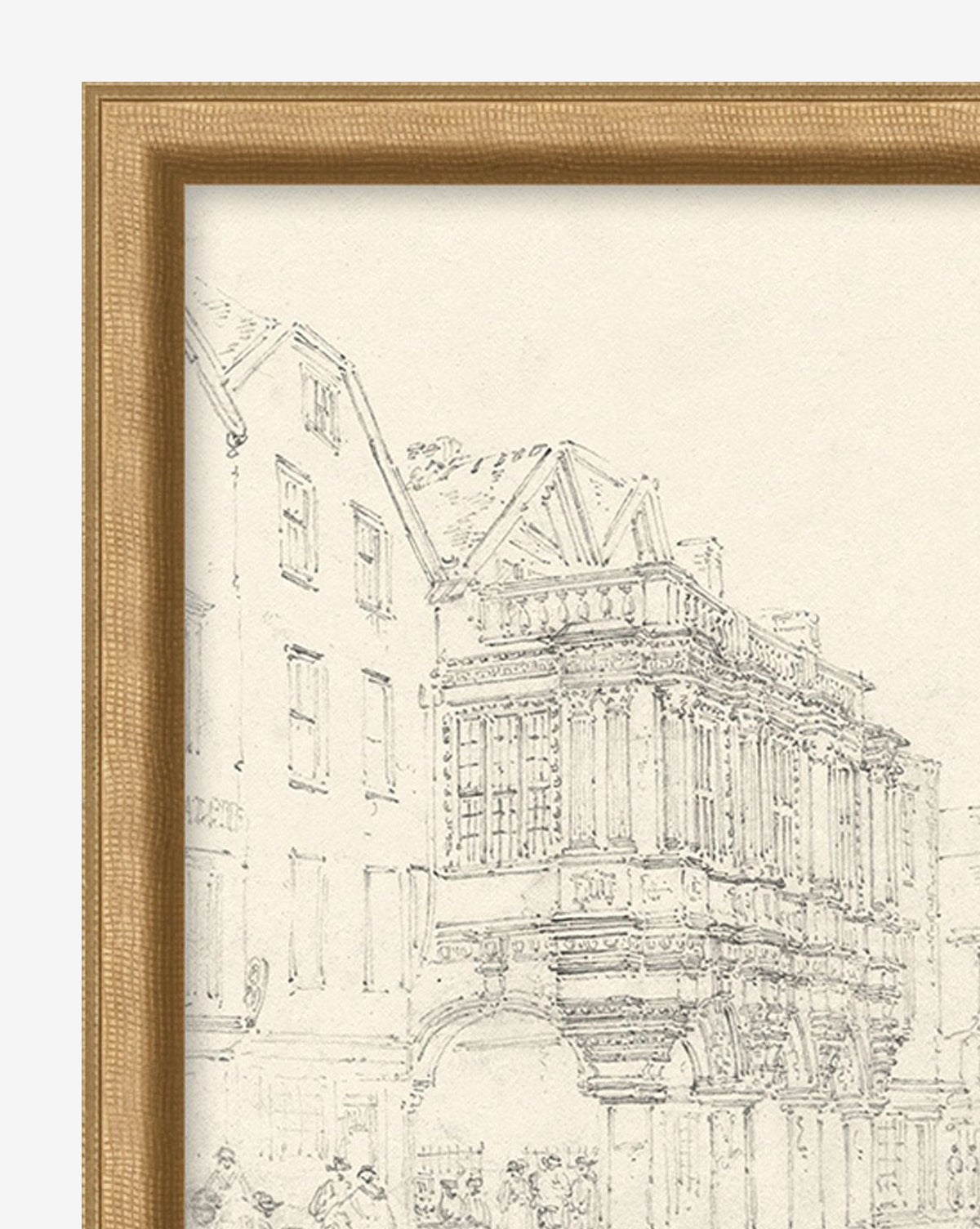 A close-up of the Sketched City Street print, showing ornate columns and gabled roofs in vintage style, partially framed in light wood with faint figures below, reminiscent of a Guildhall Exeter architectural sketch.