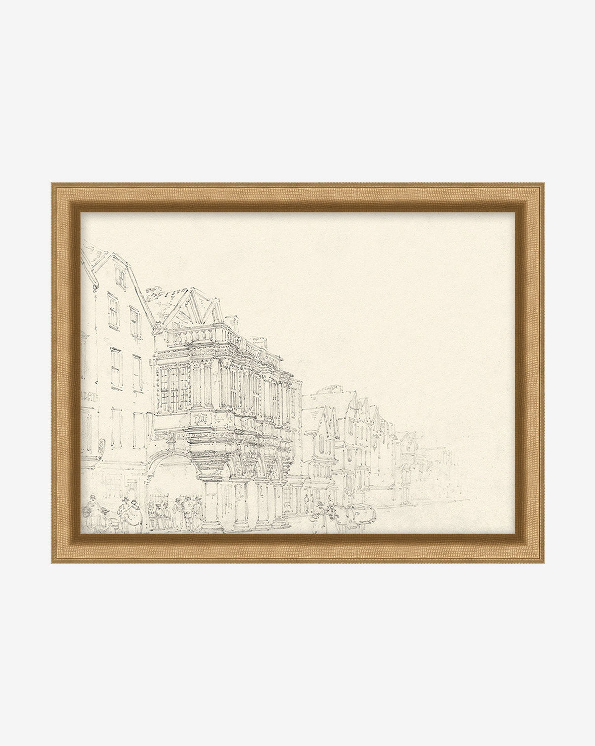 Sketched City Street is a vintage architectural sketch of historic European buildings, showcased in a light wooden frame against a plain white background.