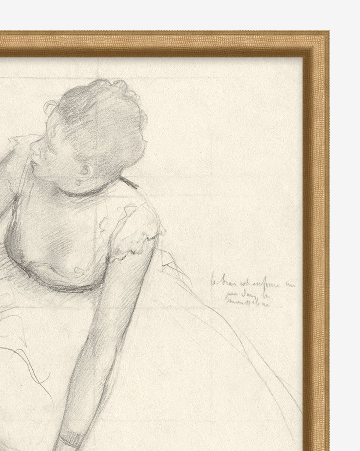 Sketched Dancer: A pencil drawing of a seated ballerina in a tulle dress, viewed from above with her left arm extended. Framed in wood and adorned with handwritten notes—ideal for adding charm to childrens room decor.