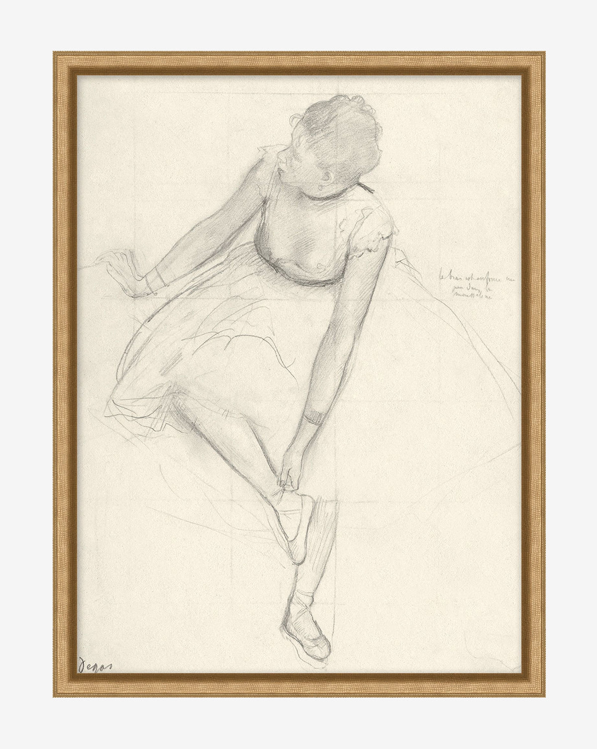 Sketched Dancer—a giclee print of a seated ballerina adjusting her shoe, seen from above. She wears a cap-sleeve light dress. Framed in wood, this artwork is ideal for childrens room decor.