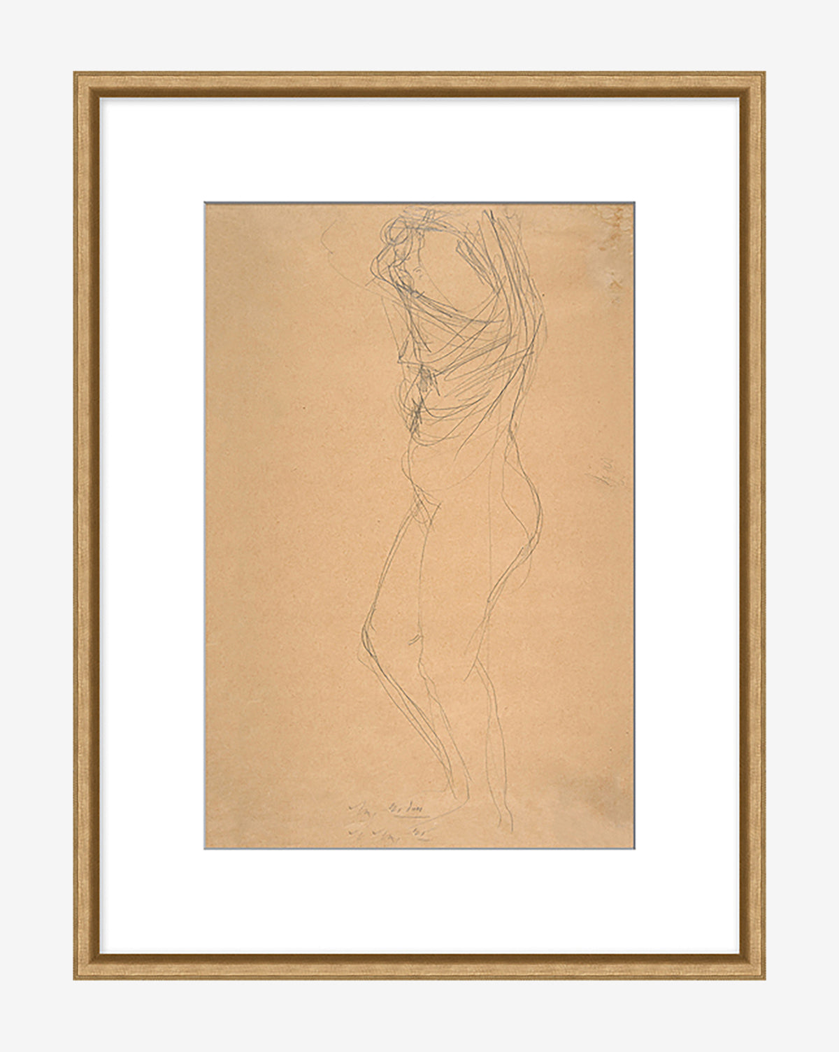 Sketched Figure: A standing nude drawn with quick, loose lines on beige paper. Displayed with a white mat and simple frame, it captures the elegance and dynamic gesture of art in progress.