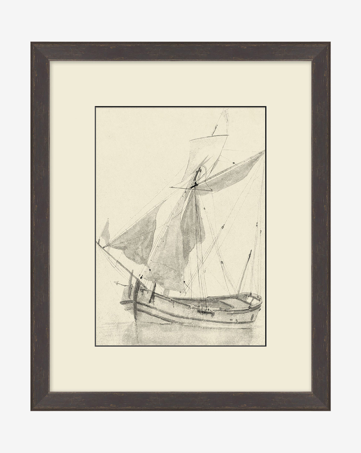 The Sketched Sailboat features a black-and-white sketch of a sailboat with billowing sails on calm water, framed in dark wood with a cream mat—offering vintage wall art and classic nautical style.