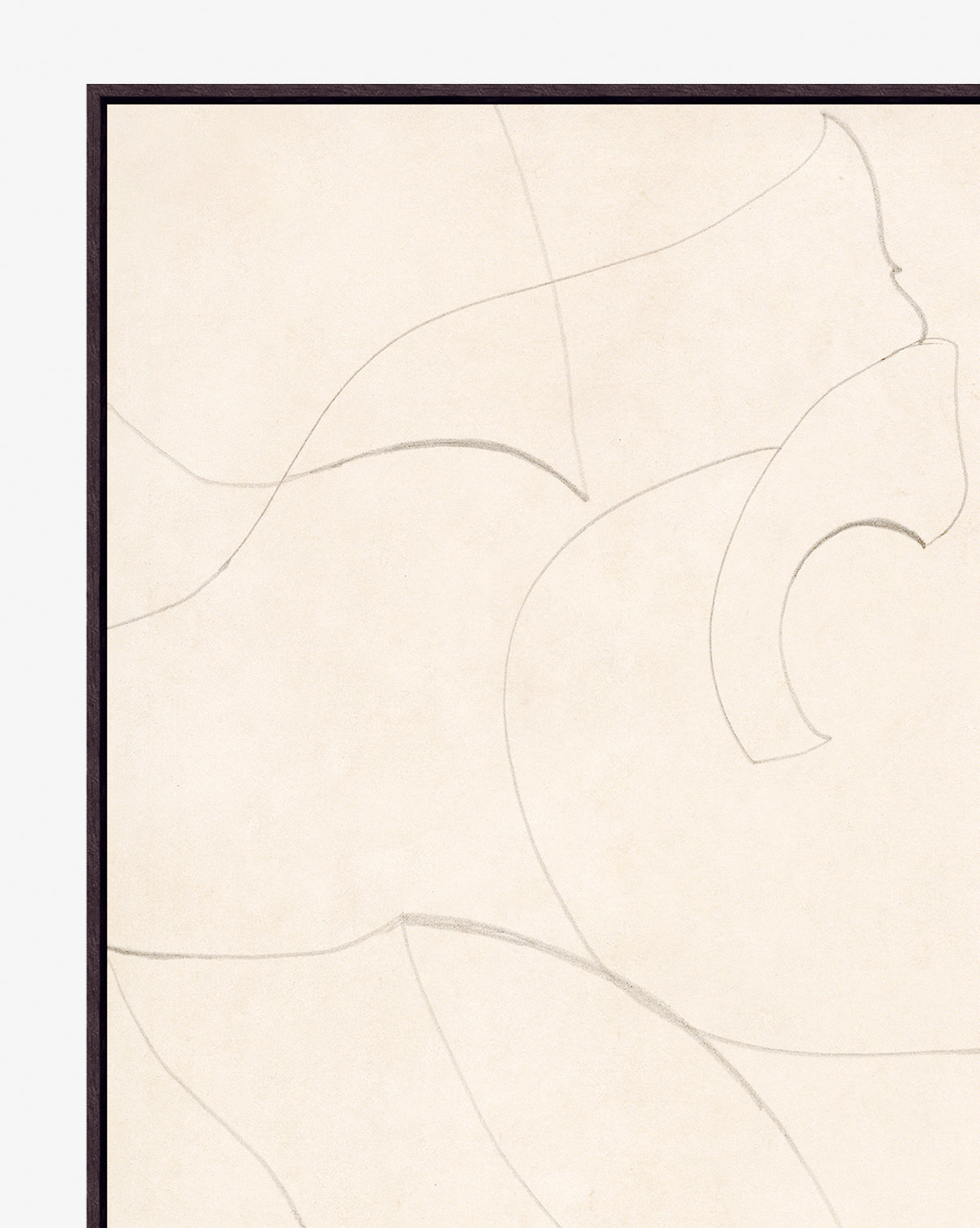 Sketched Thoughts features thin, abstract grey lines on a beige background forming organic shapes. This giclee print is set in a slim black frame, creating a clean, modern look ideal for contemporary spaces.