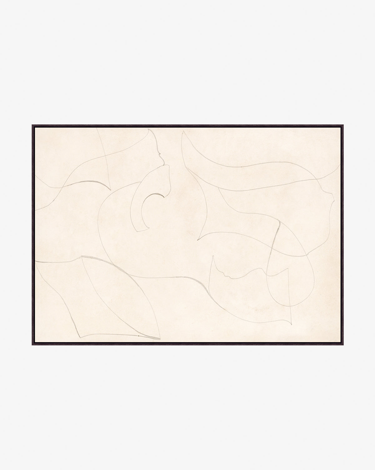 Sketched Thoughts is a minimalist line art giclee print, featuring thin flowing pencil lines shaping organic forms on a cream backdrop and set within a slim dark frame—ideal for modern spaces.
