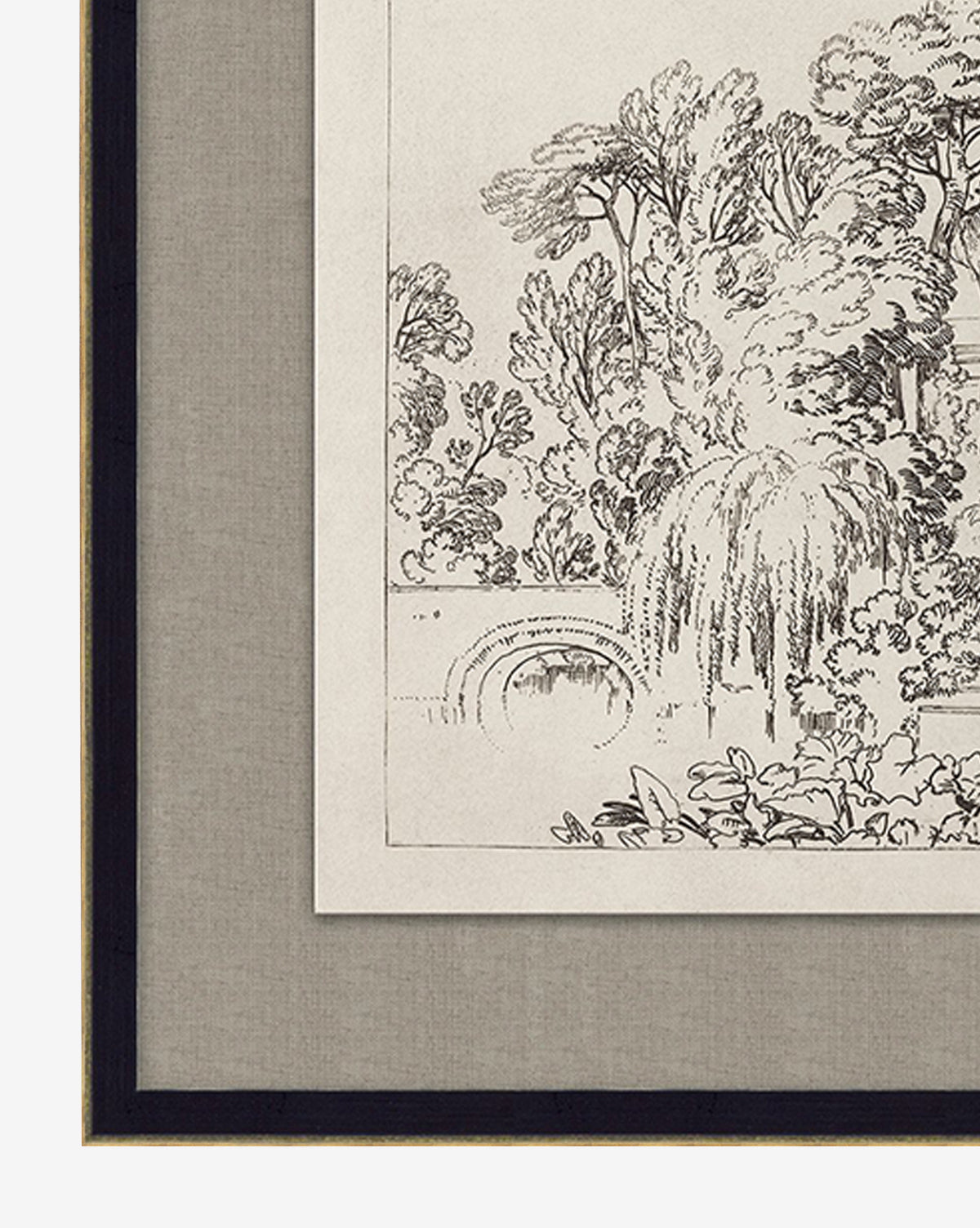 Framed black-and-white Sketch of Grecian Ruins features a vintage garden scene with various trees, bushes, and a partially visible circular Grecian ruins structure, viewed from the lower left corner.