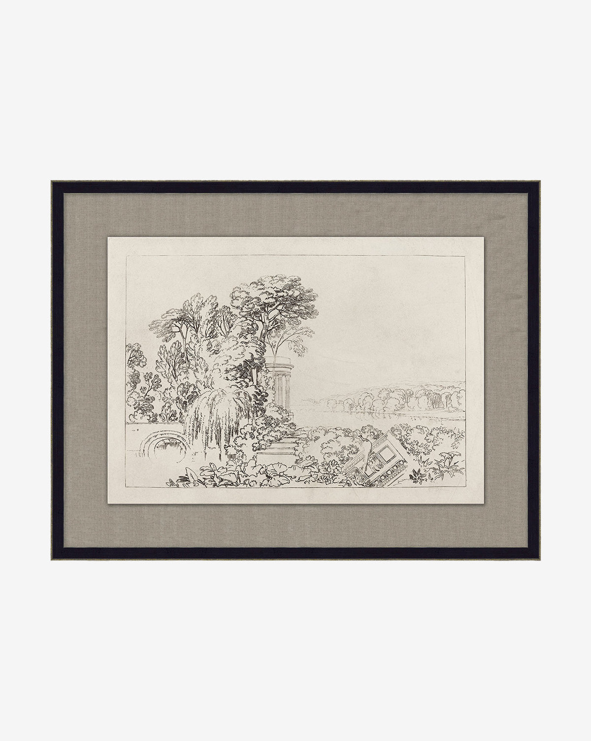 The Sketch of Grecian Ruins is a framed black-and-white vintage artwork showing trees, bushes, a classical column, and Grecian ruins set in a natural landscape. It features a beige mat and black frame.