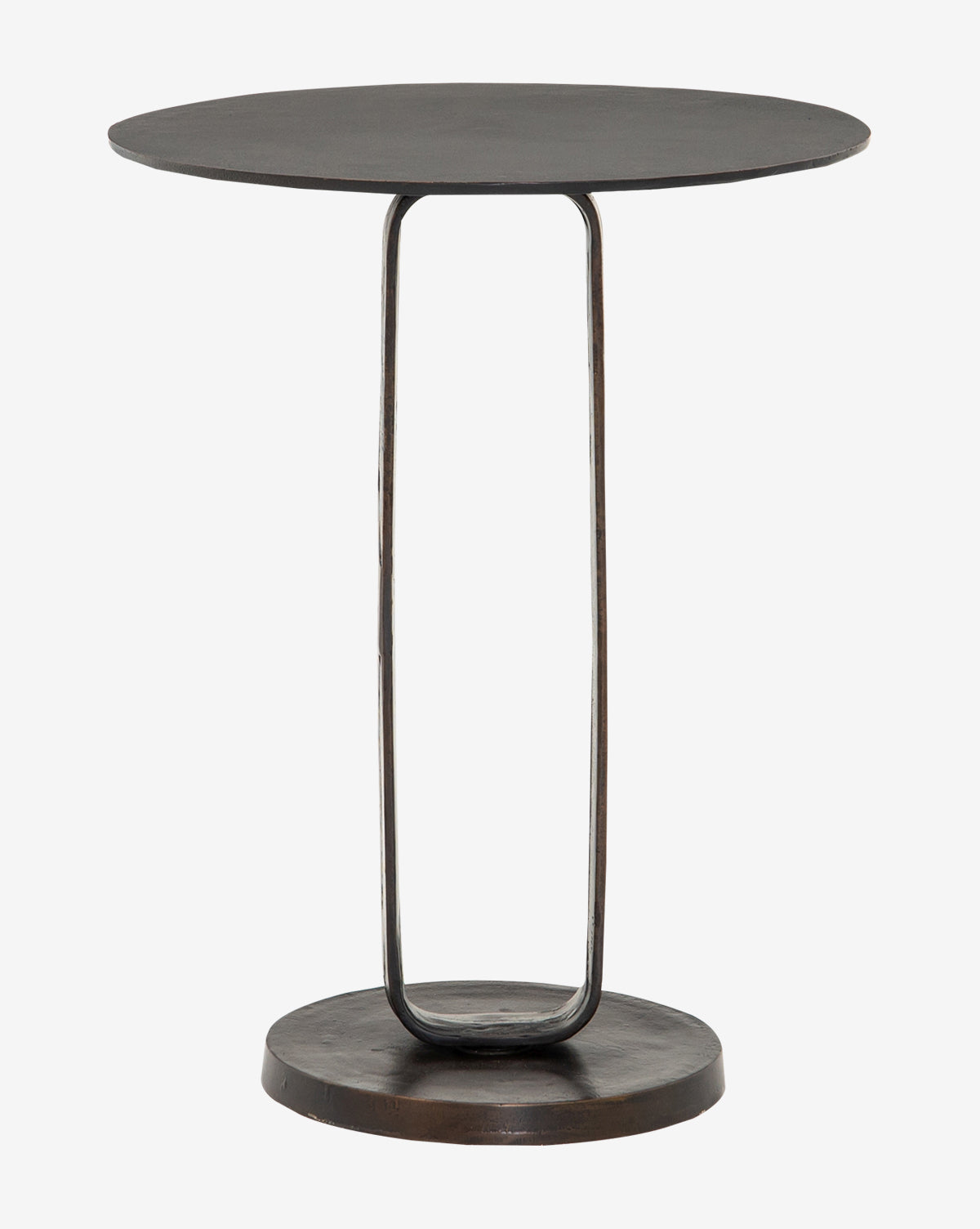 The Sloan Side Table showcases a sleek, modern design with a small round aluminum top, slender metal support, and circular base, by McGee & Co.