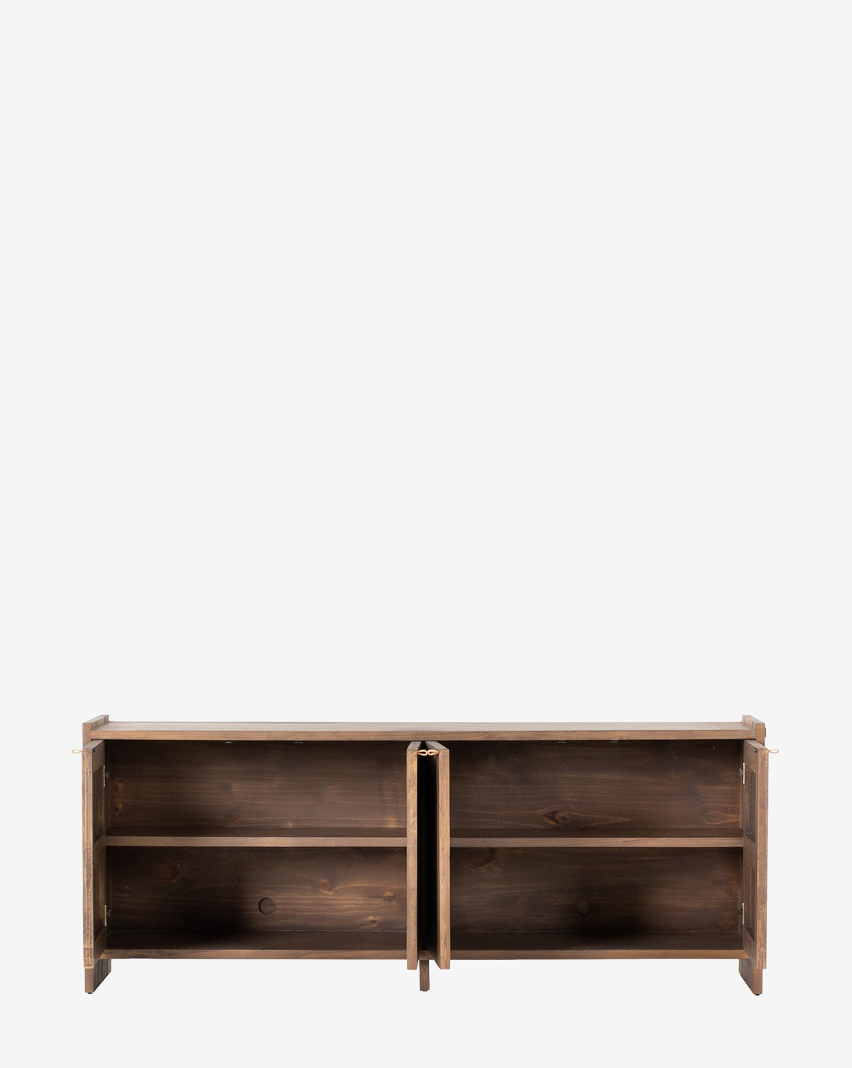 The Sloane Sideboard features dark wood, leather pulls, and two open doors showing two inner shelves against a plain white background by McGee & Co.