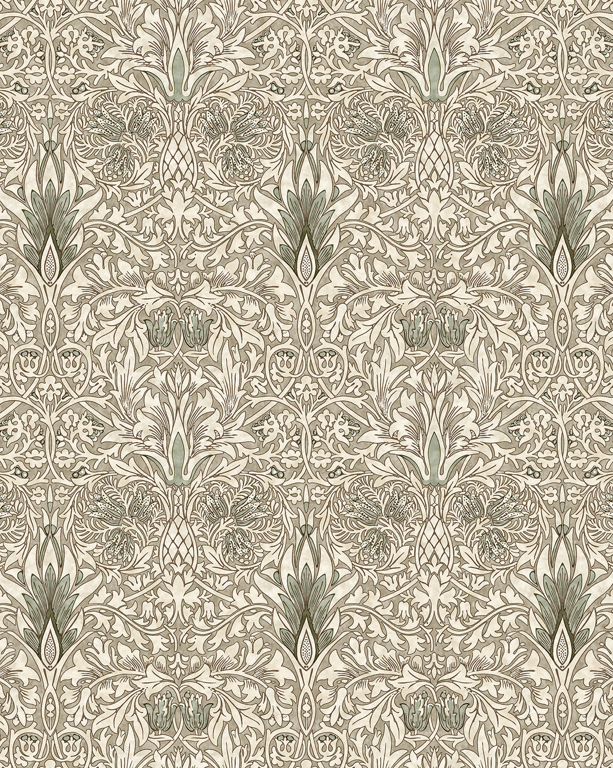 Certainly! Here’s your revised text with the exact string McGee & Co. blended at the end as requested: Morris & Co. x McGee & Co. Snakeshead Wallpaper by Sanderson Design Group, Inc. features a vintage-inspired, intricate beige and green floral pattern with symmetrical stylized flowers and leaves in a repeating botanical design by McGee & Co.