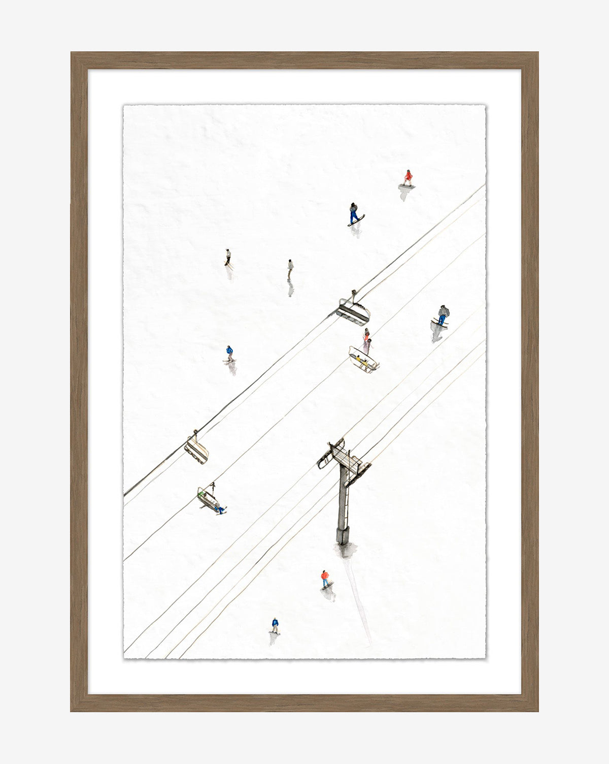Snowy Ski Lift I is a minimalist watercolor print featuring skiers and a ski lift from above. This winter wall art comes beautifully framed in a simple brown wooden frame, perfect for adding seasonal charm to your space, by McGee & Co.
