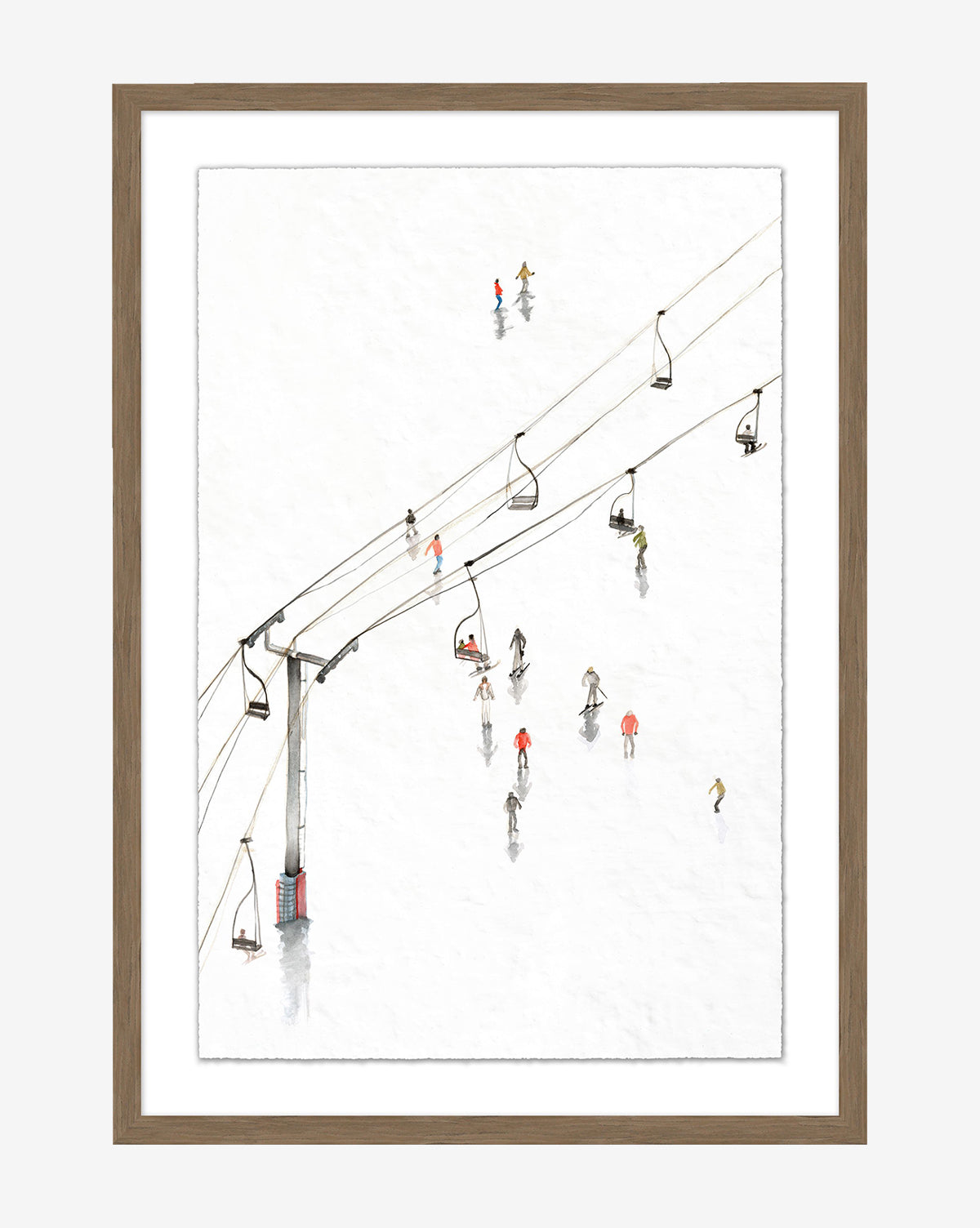 Snowy Ski Lift II: Framed minimalist art featuring a ski lift above a snowy landscape with skiers and snowboarders in colorful winter attire—perfect winter wall décor, by McGee & Co.