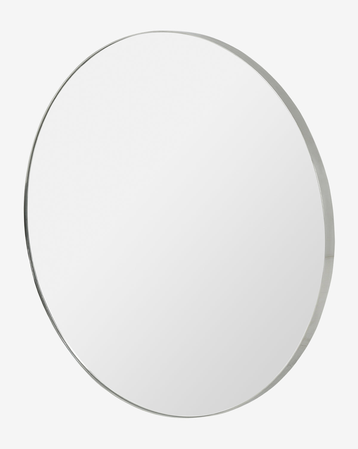 The Solange Mirror features a plain, round minimalist design with a thin stainless steel frame and a clean, reflective surface, shown against a white background by McGee & Co.