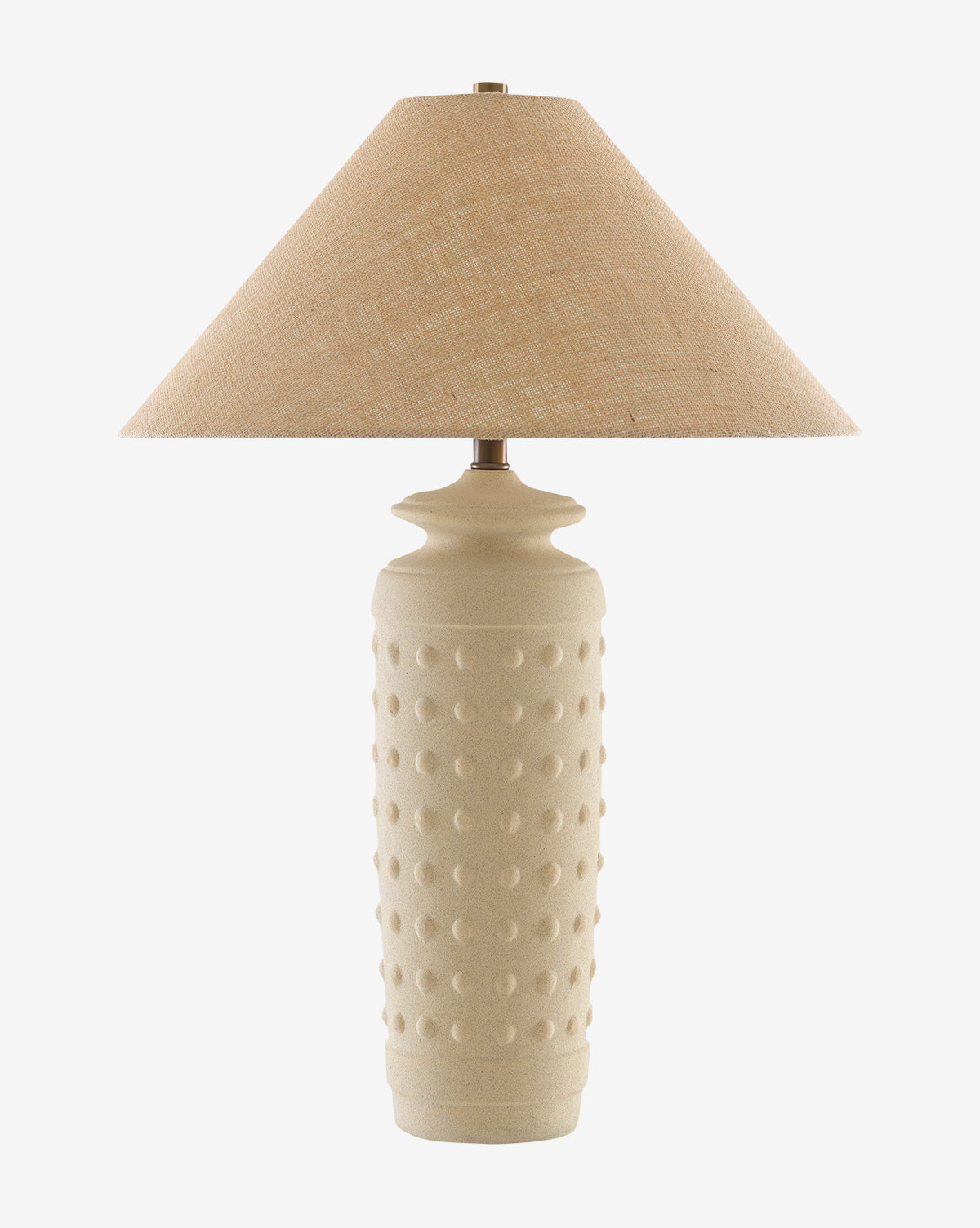 The Sonoran Table Lamp showcases a textured off-white ceramic base with raised dots and is paired with a wide beige burlap shade for enhanced warmth and style, by McGee & Co.