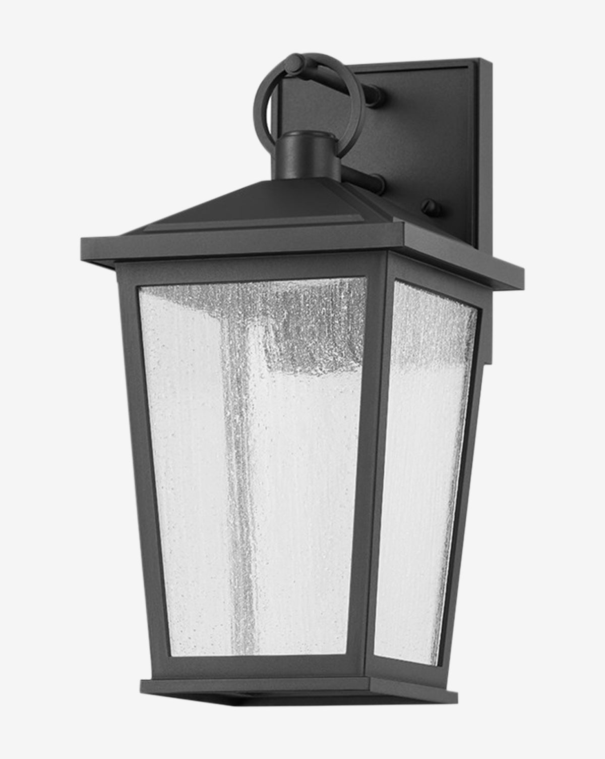 The Soren Frosted Indoor/Outdoor Wall Sconce by Troy Lighting features a black finish, rectangular backplate, frosted glass panels, and a tapered design—ideal for both exterior lighting and indoor/outdoor wall sconce settings. McGee & Co.
