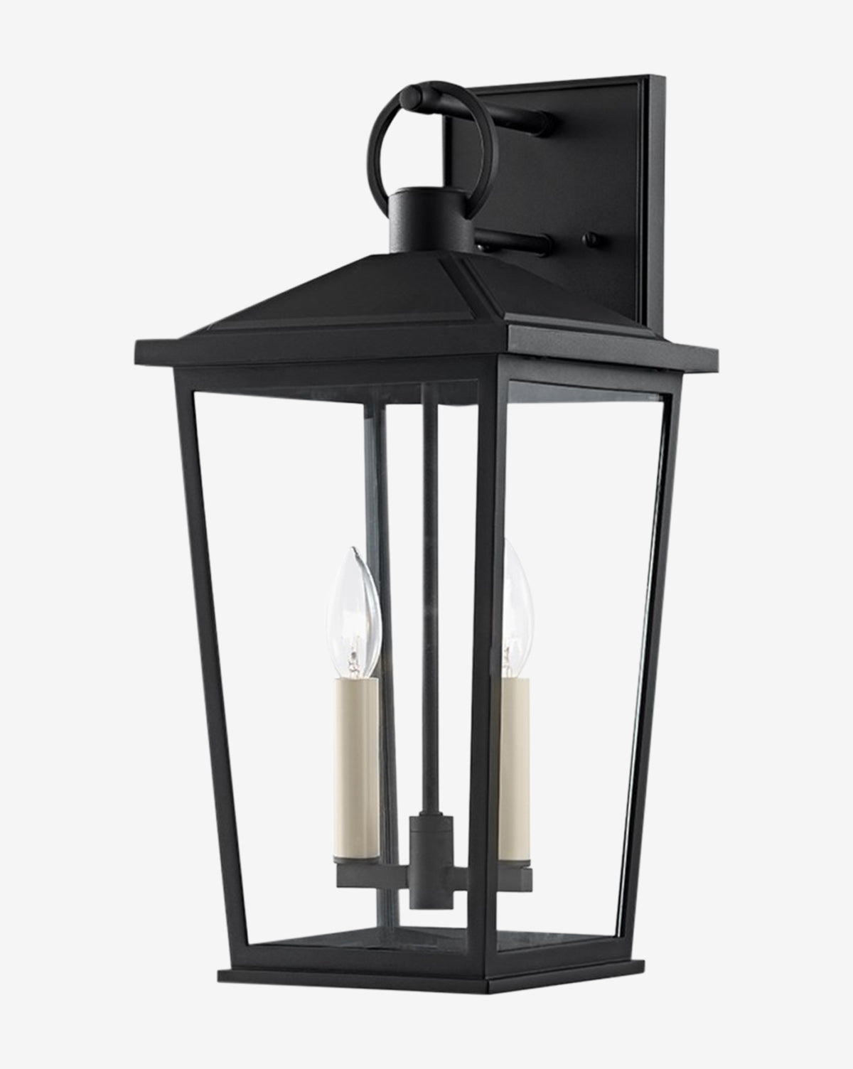 The Soren Indoor/Outdoor Wall Sconce by Troy Lighting features a black rectangular frame, clear glass panels, and two candle-style bulbs—ideal for versatile lighting in any space. McGee & Co.